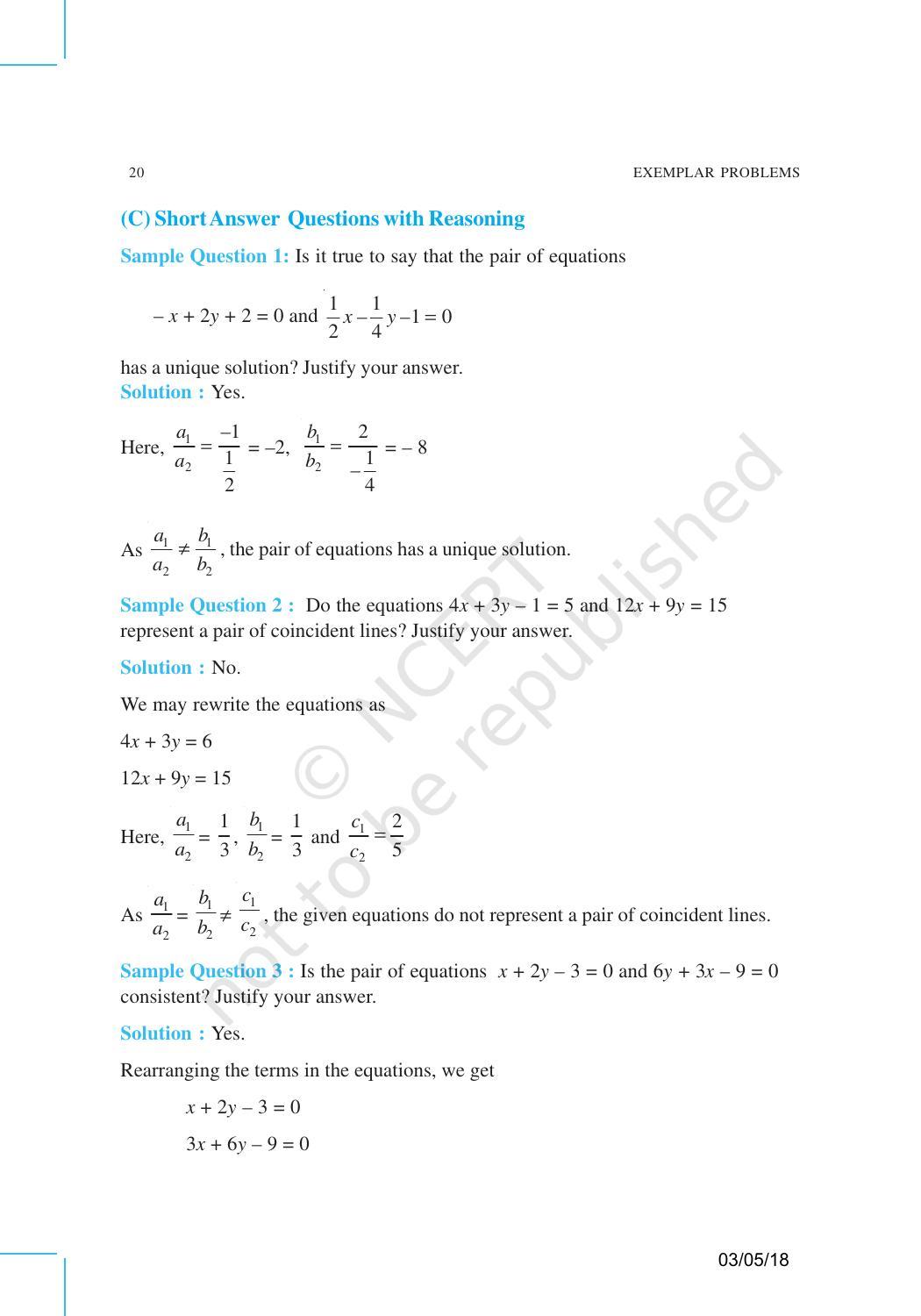 NCERT Exemplar Book for Class 10 Maths: Chapter 3 Pair of Linear Equations in Two Variables - Page 5