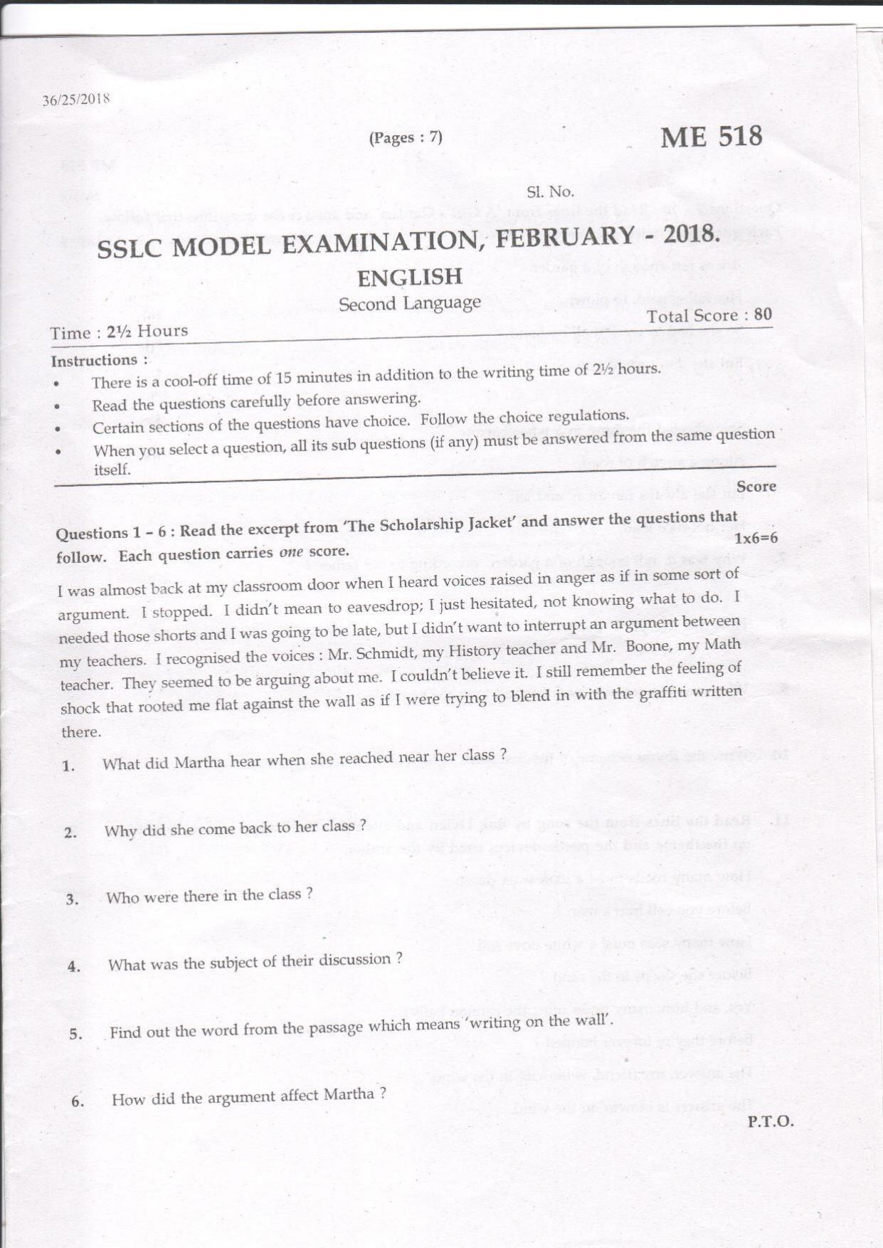 Kerala SSLC 2018 English  Question Paper (Model) - Page 1
