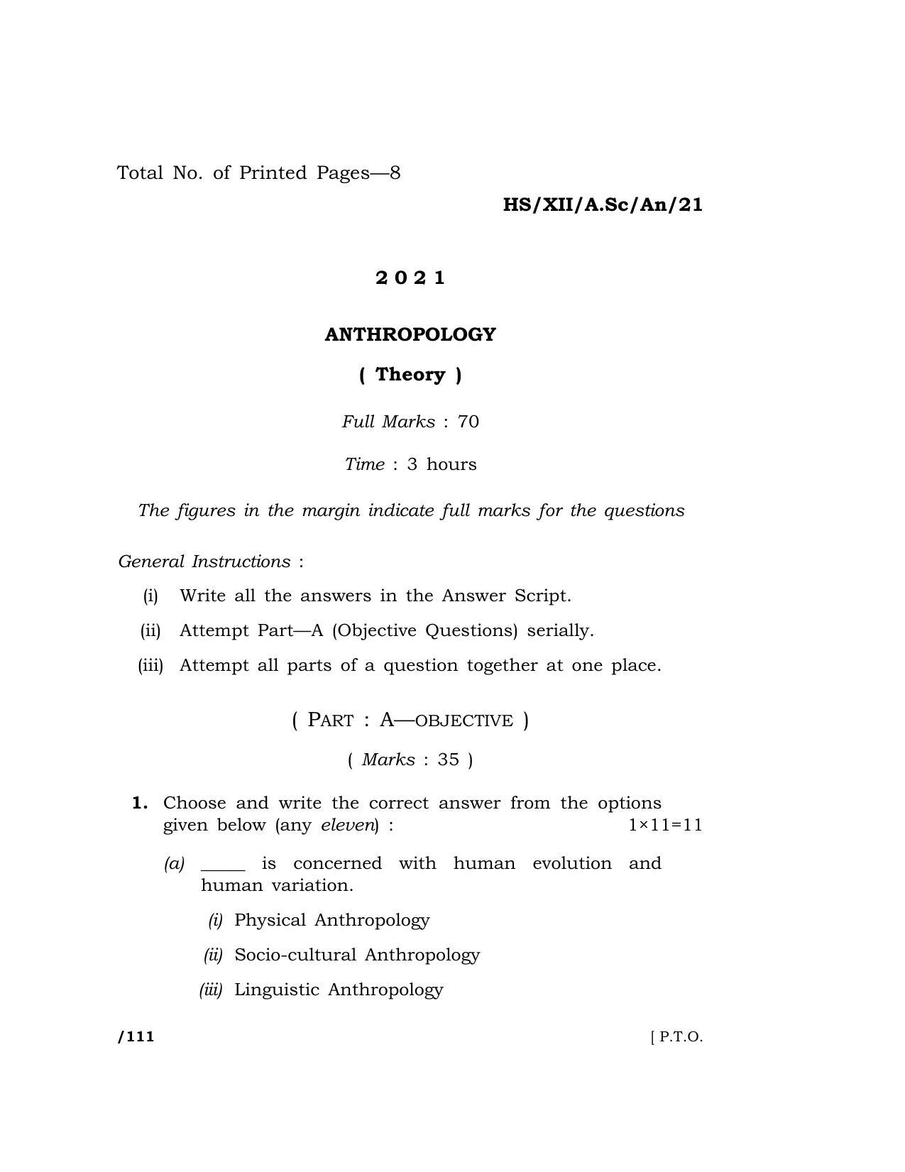 Meghalaya Board (MBOSE) Class 12 ANTHROPOLOGY  (HS-XII-A.Sc-An-21) 2021 Question Paper - Page 1