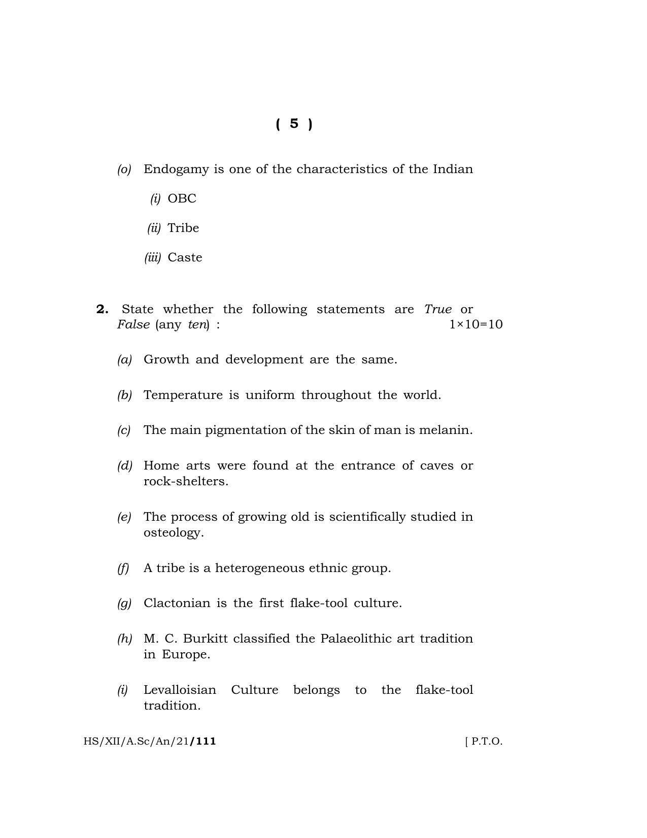 Meghalaya Board (MBOSE) Class 12 ANTHROPOLOGY  (HS-XII-A.Sc-An-21) 2021 Question Paper - Page 5