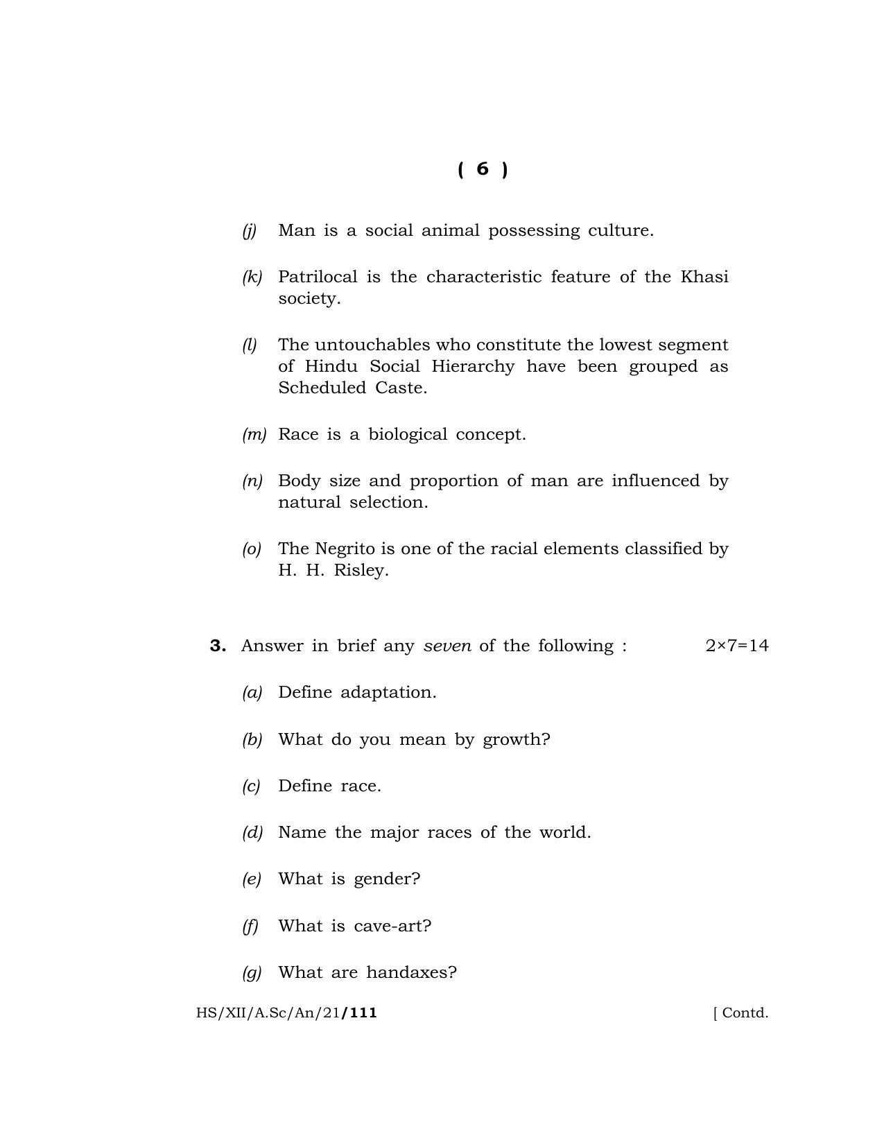 Meghalaya Board (MBOSE) Class 12 ANTHROPOLOGY  (HS-XII-A.Sc-An-21) 2021 Question Paper - Page 6