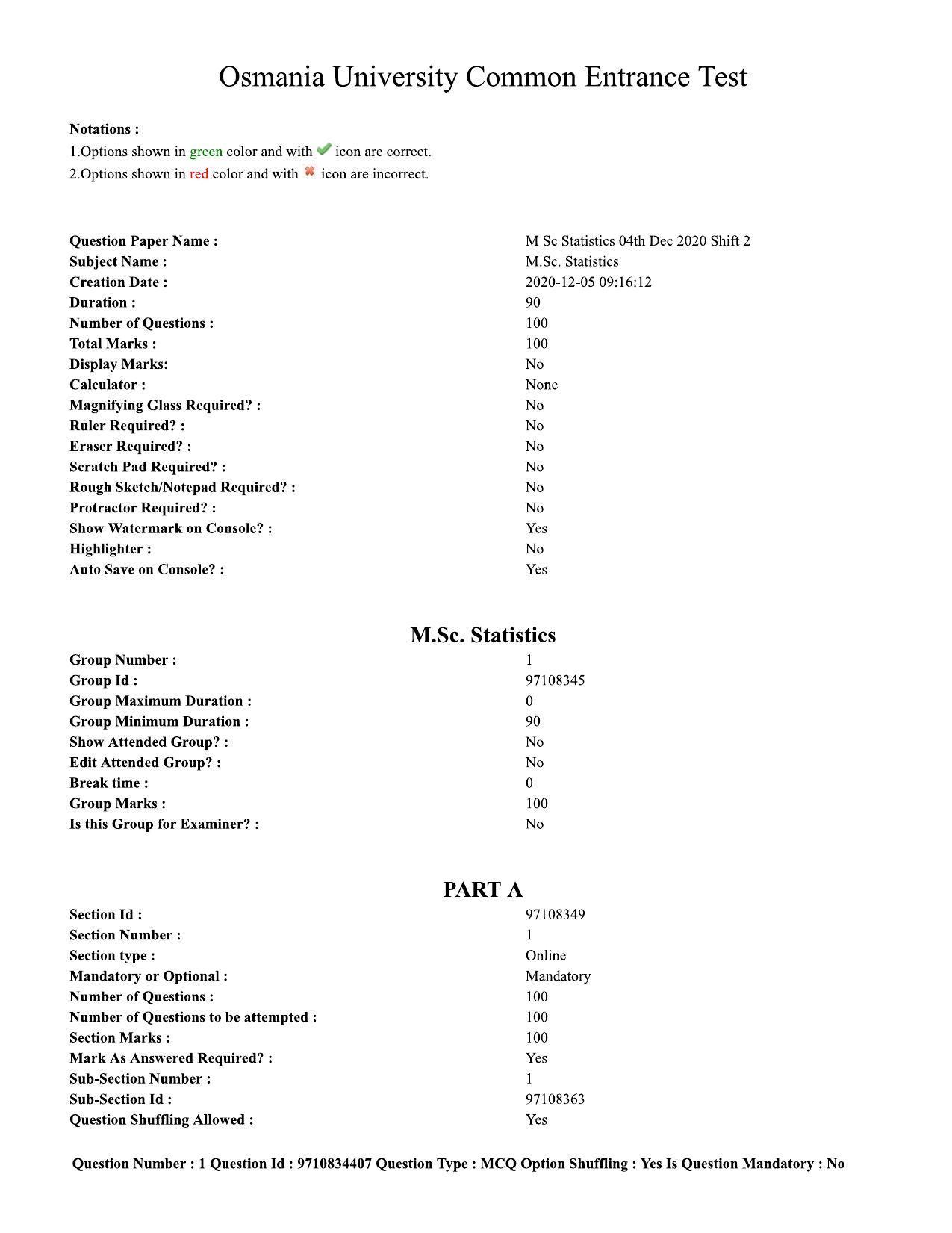 TS CPGET 2020 M.Sc. Statistics (Shift 2) Question Paper with Answer Key - Page 1