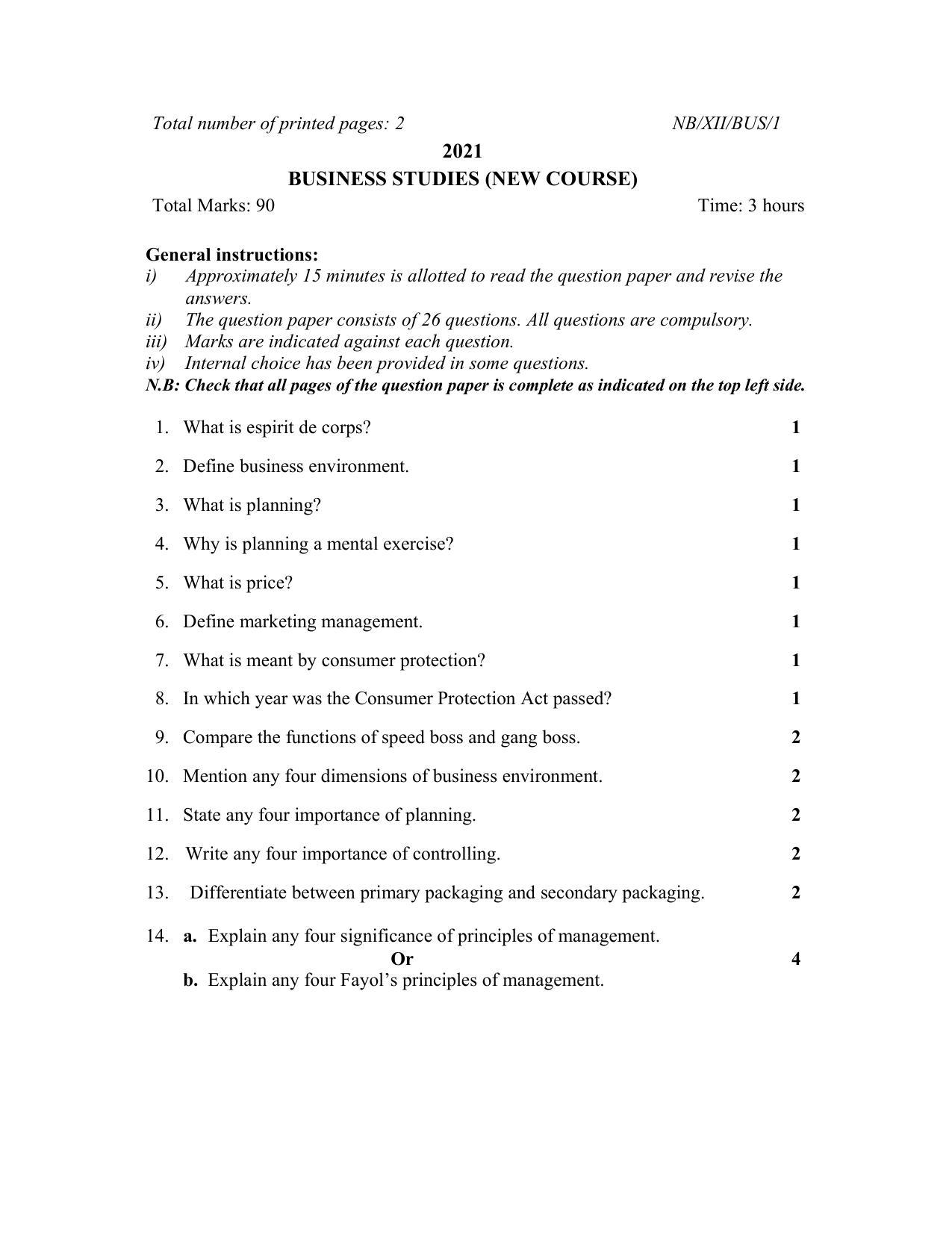 Nagaland Board Class 12 Business Studies 2021 Question Paper - Page 1