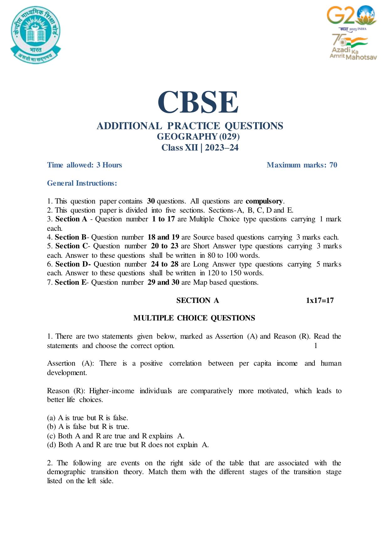 CBSE Class 12 Geography SET 1 Practice Questions 2023-24  - Page 1