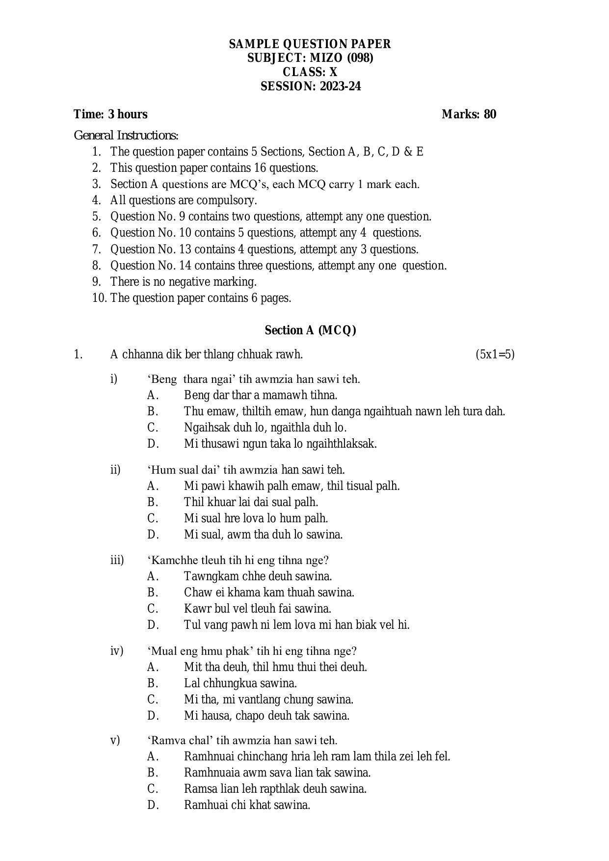 CBSE Class 10 Mizo Sample Paper 2024 - Page 1