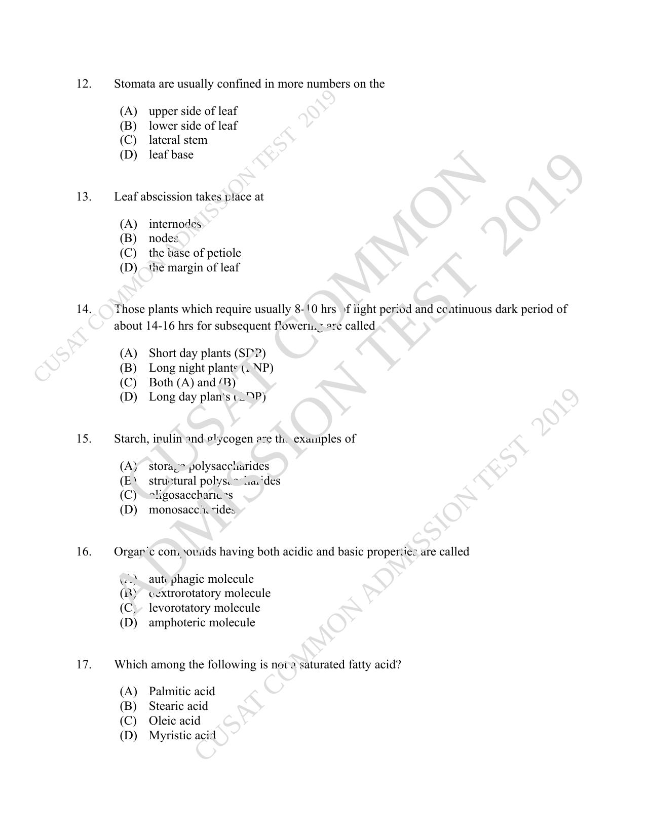 CUSAT CAT 2019 Lifescince Question Paper With Answer Key - Page 3