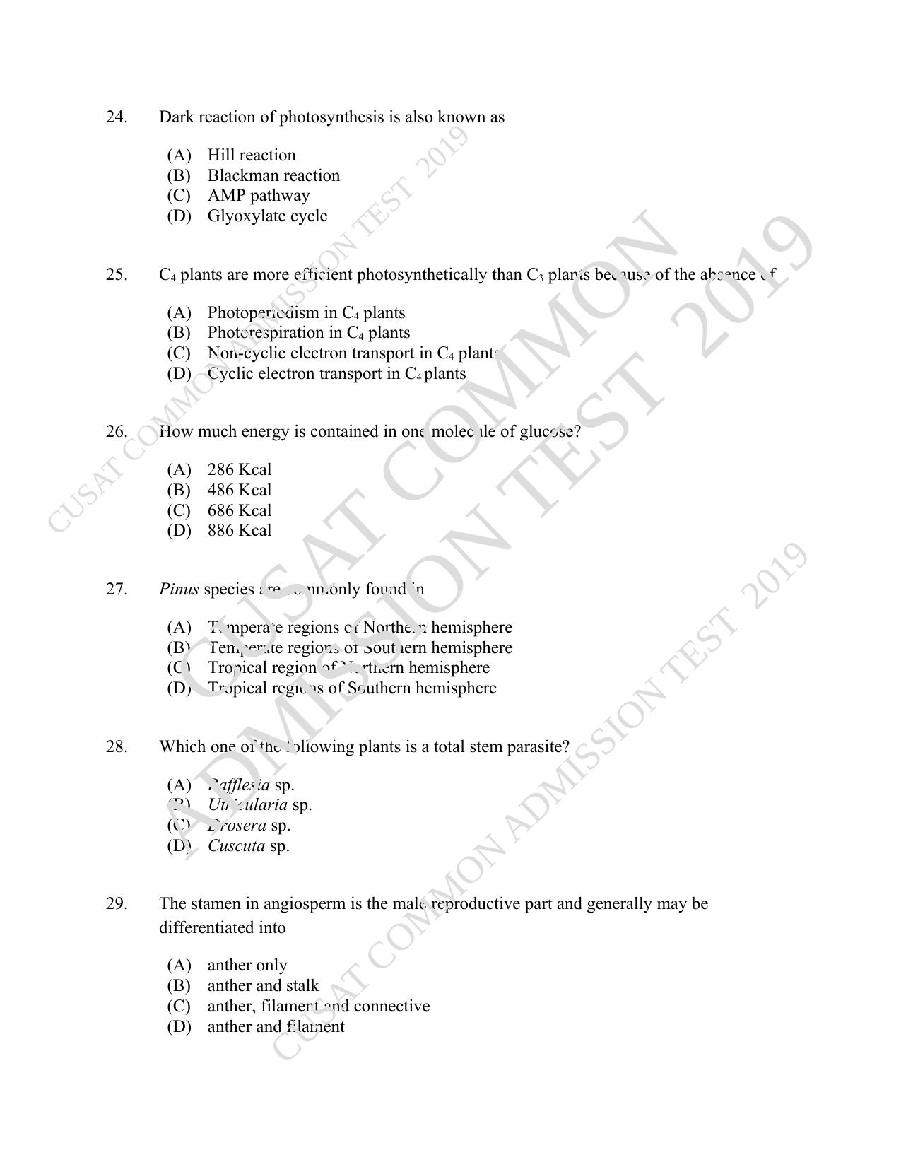 CUSAT CAT 2019 Lifescince Question Paper With Answer Key - Page 5