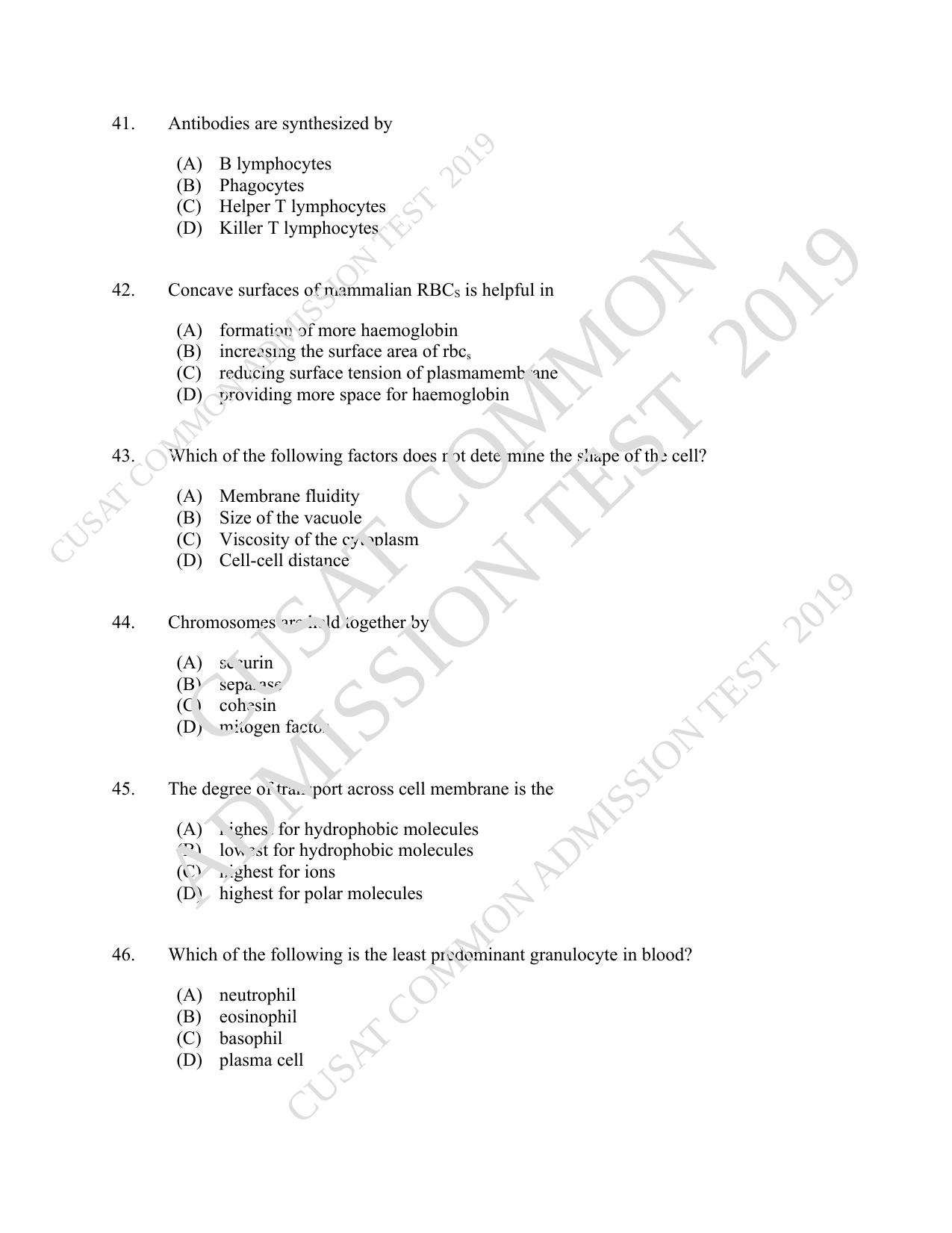 CUSAT CAT 2019 Lifescince Question Paper With Answer Key - Page 8