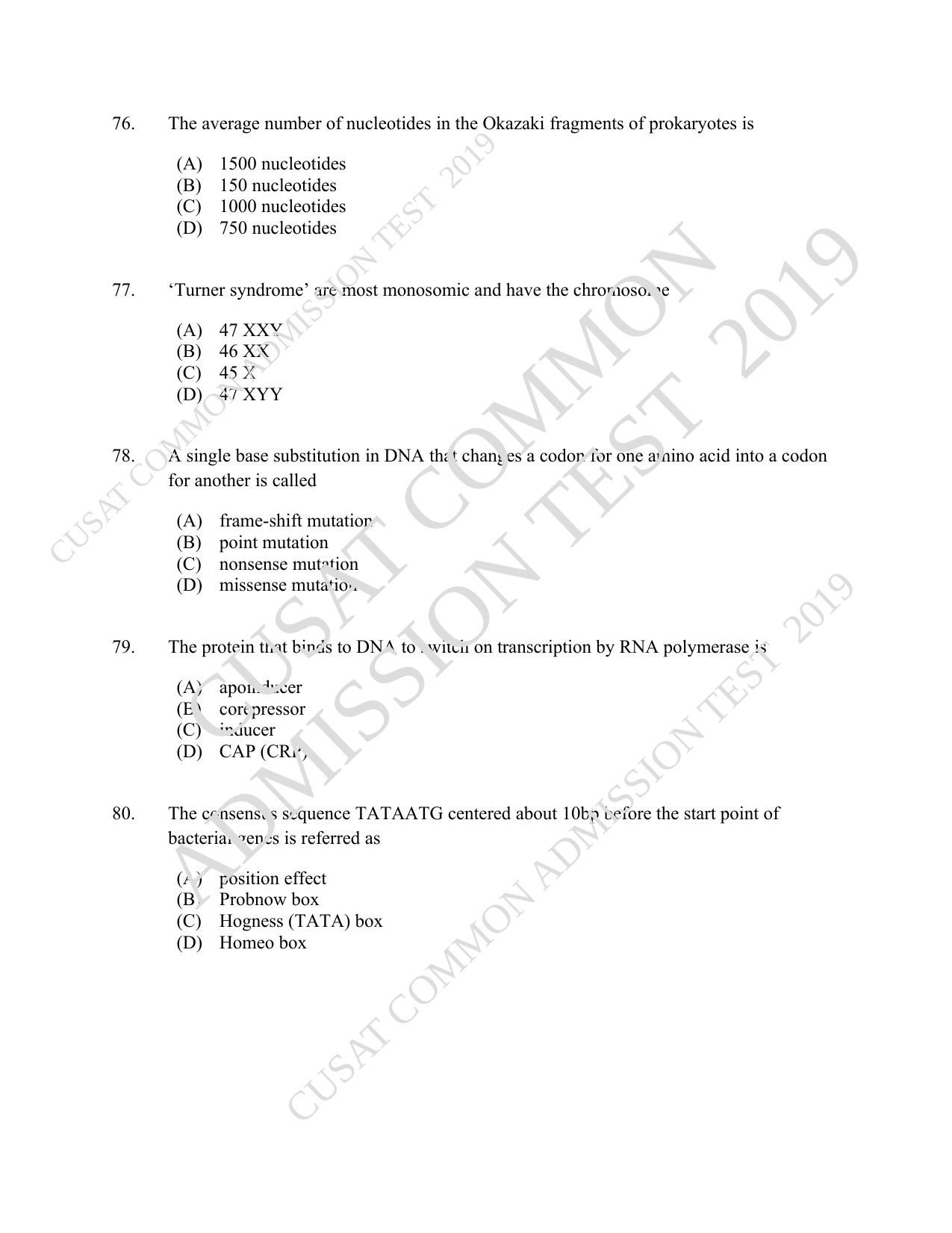 CUSAT CAT 2019 Lifescince Question Paper With Answer Key - Page 14