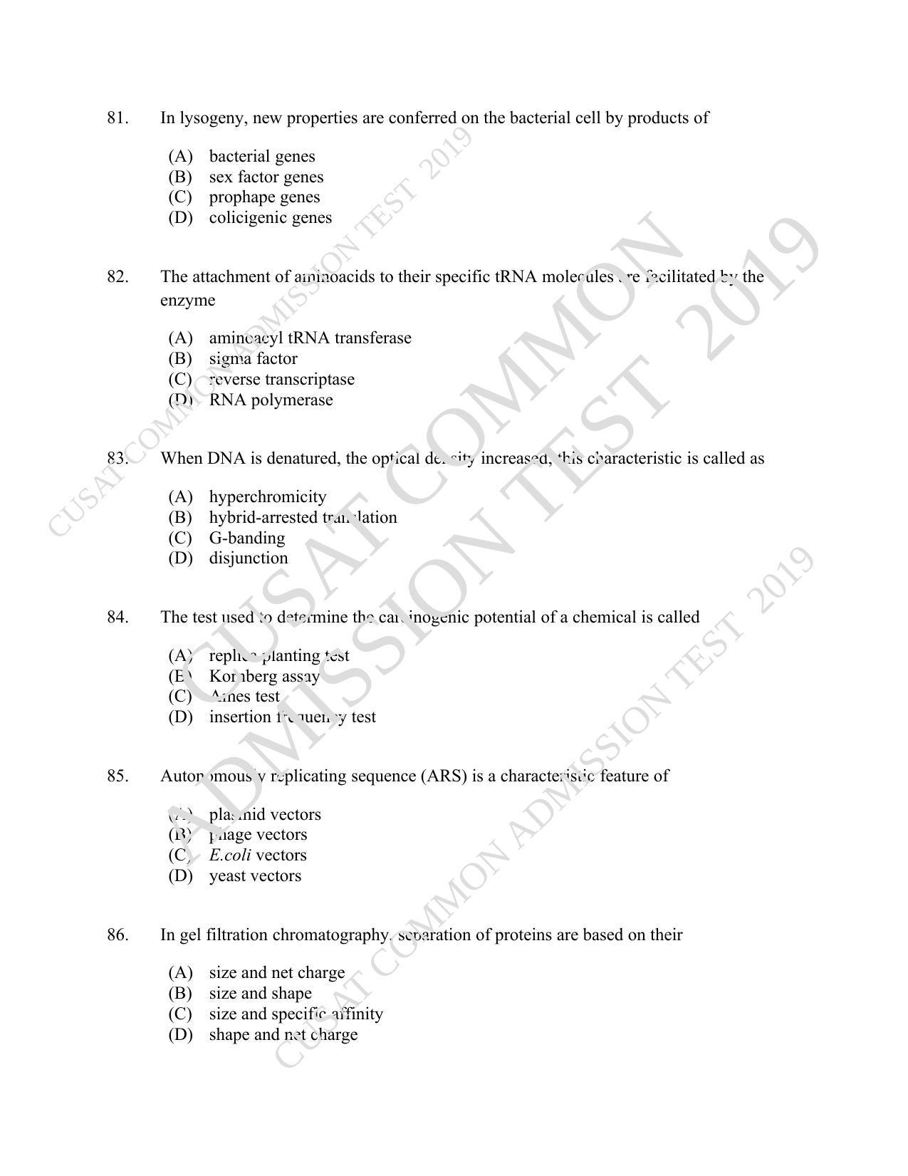 CUSAT CAT 2019 Lifescince Question Paper With Answer Key - Page 15