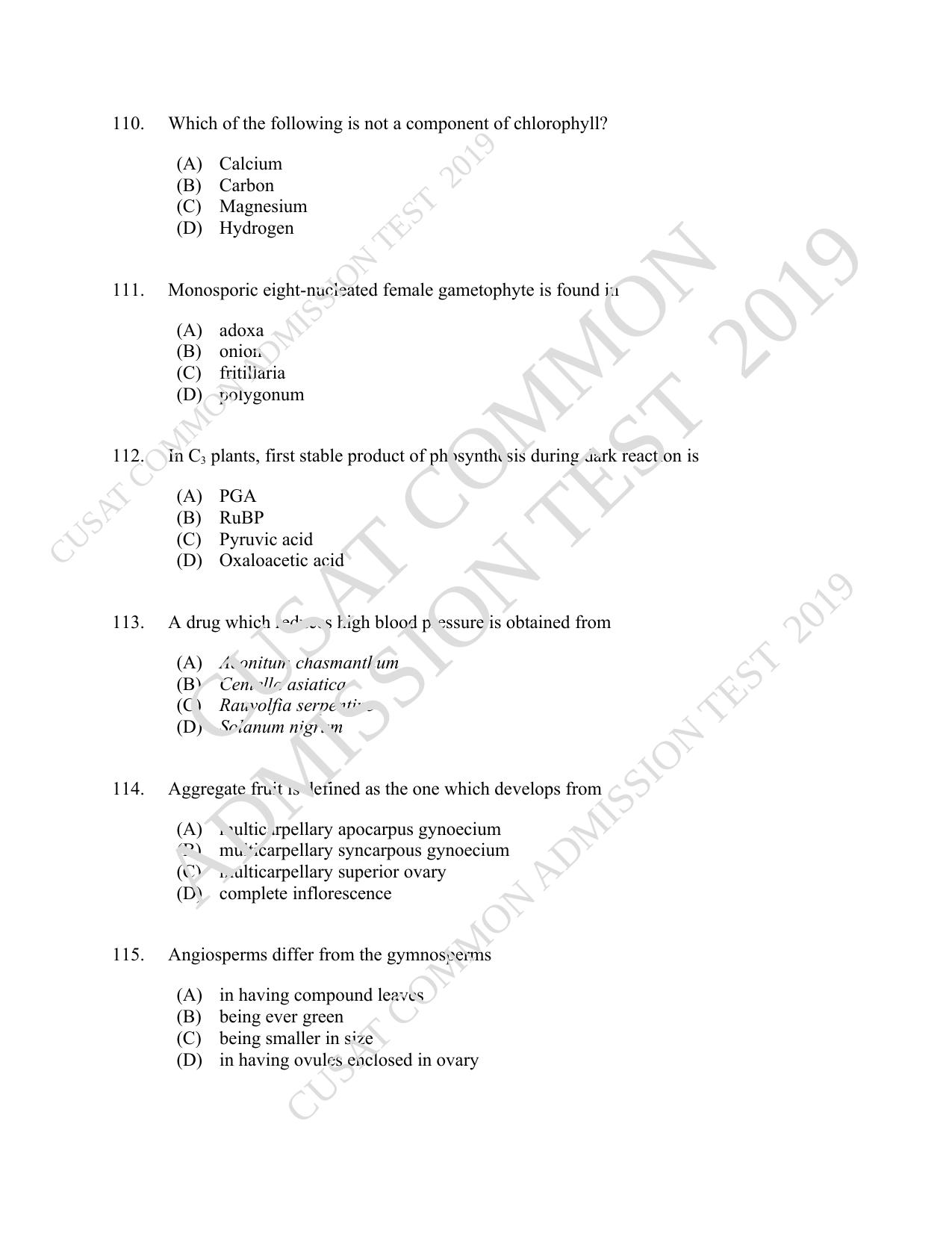 CUSAT CAT 2019 Lifescince Question Paper With Answer Key - Page 20