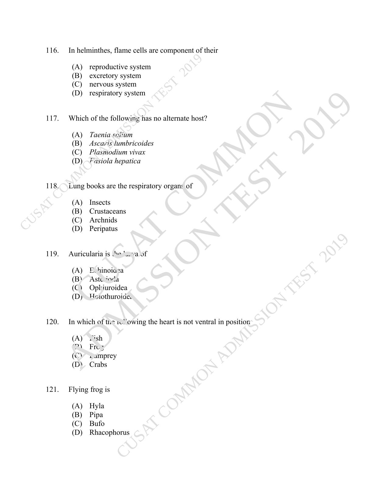 CUSAT CAT 2019 Lifescince Question Paper With Answer Key - Page 21