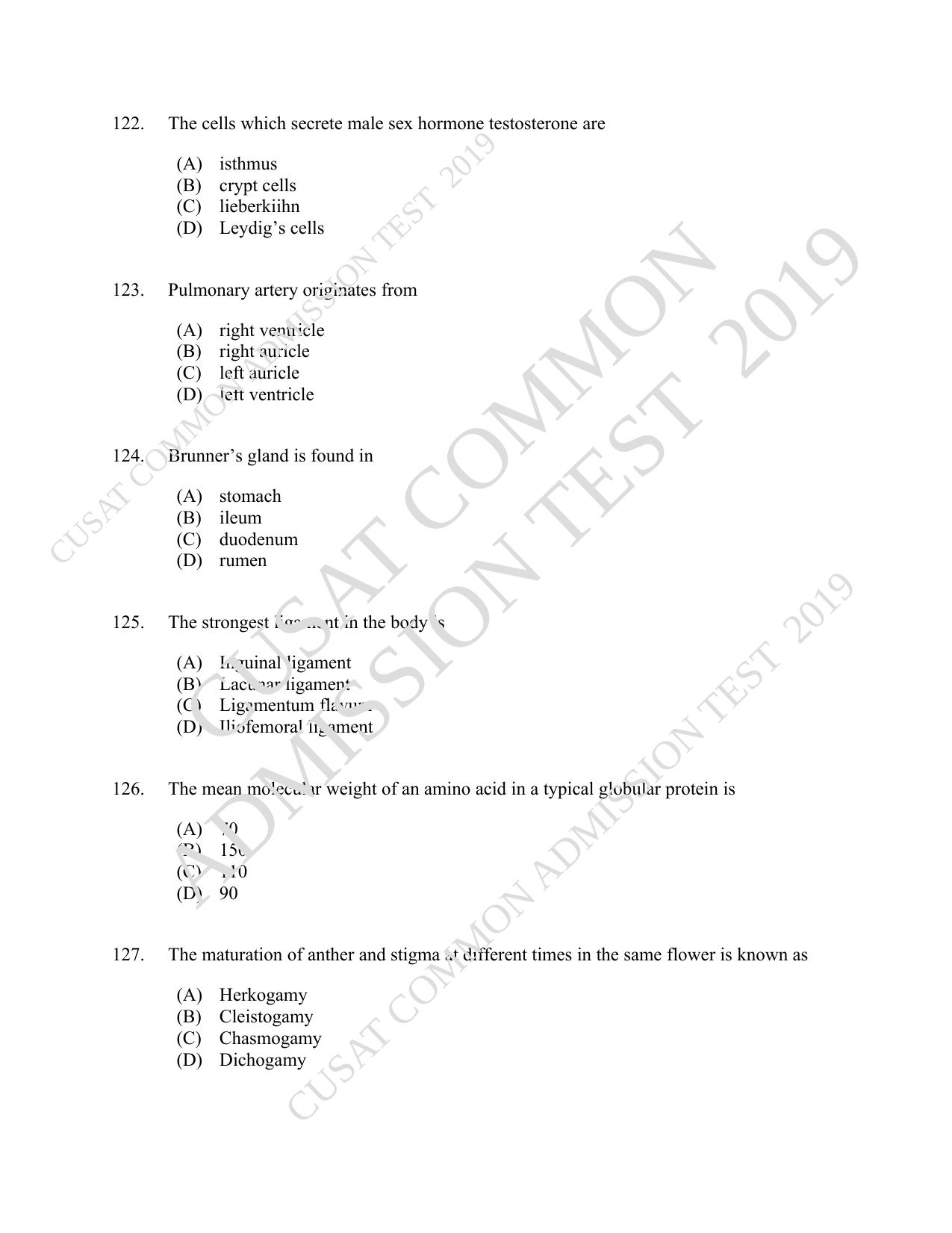 CUSAT CAT 2019 Lifescince Question Paper With Answer Key - Page 22
