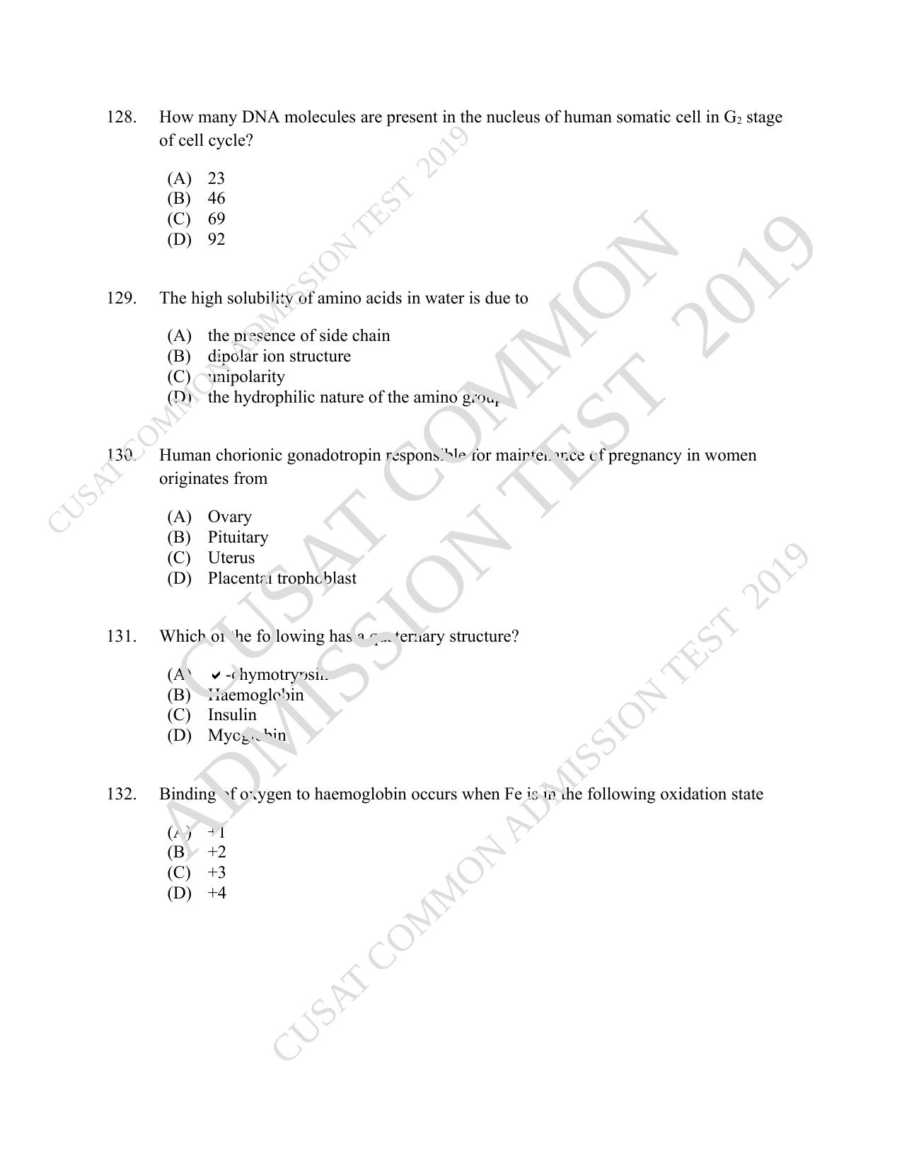 CUSAT CAT 2019 Lifescince Question Paper With Answer Key - Page 23