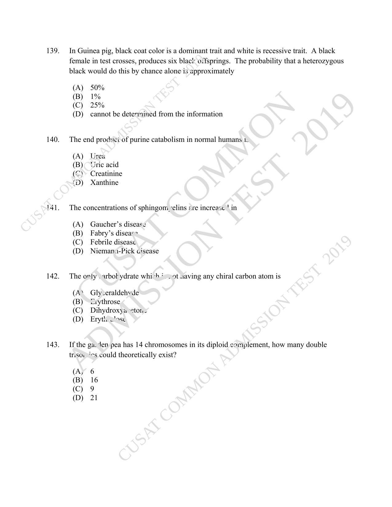 CUSAT CAT 2019 Lifescince Question Paper With Answer Key - Page 25