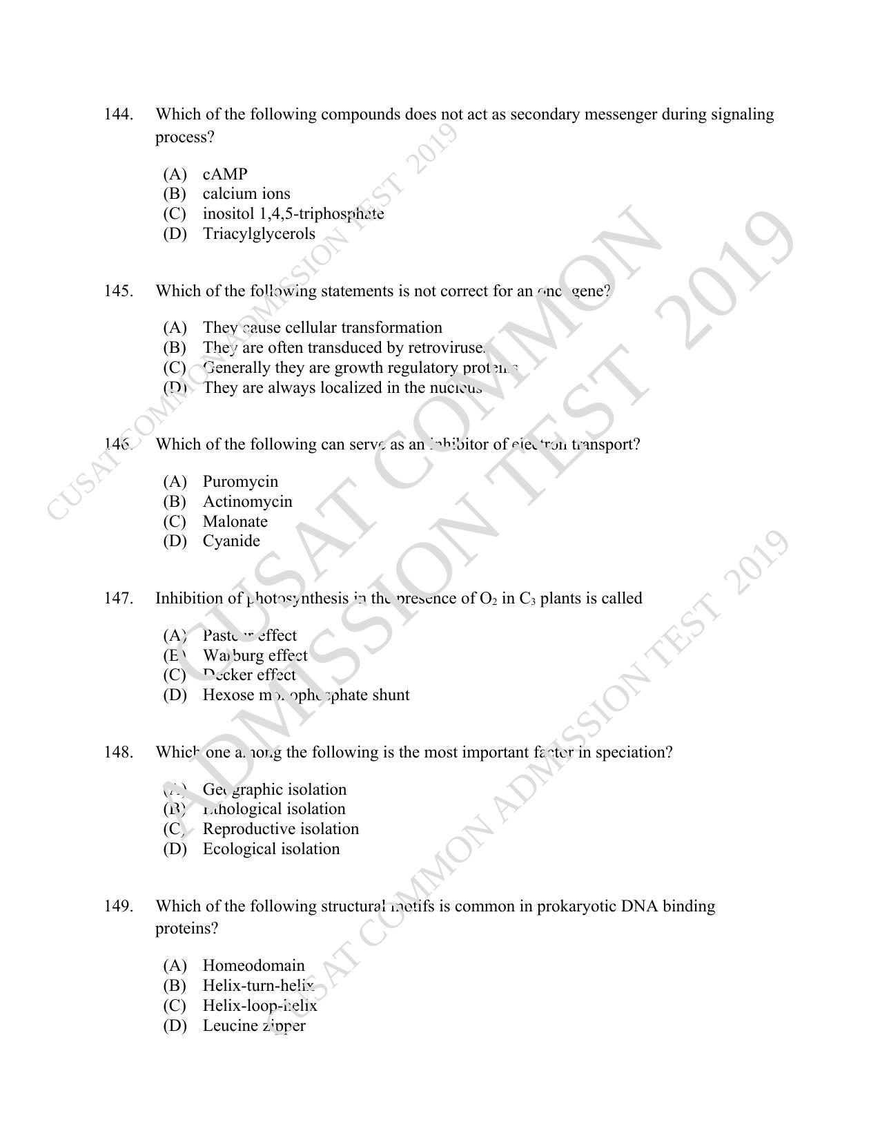 CUSAT CAT 2019 Lifescince Question Paper With Answer Key - Page 26