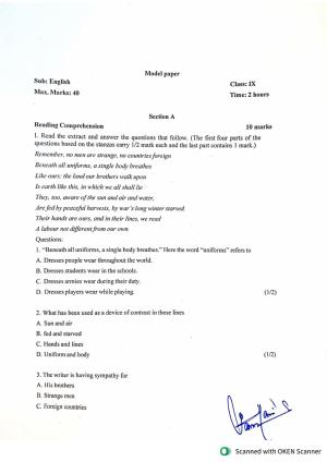 JKBOSE Class 9 English Model Question Paper