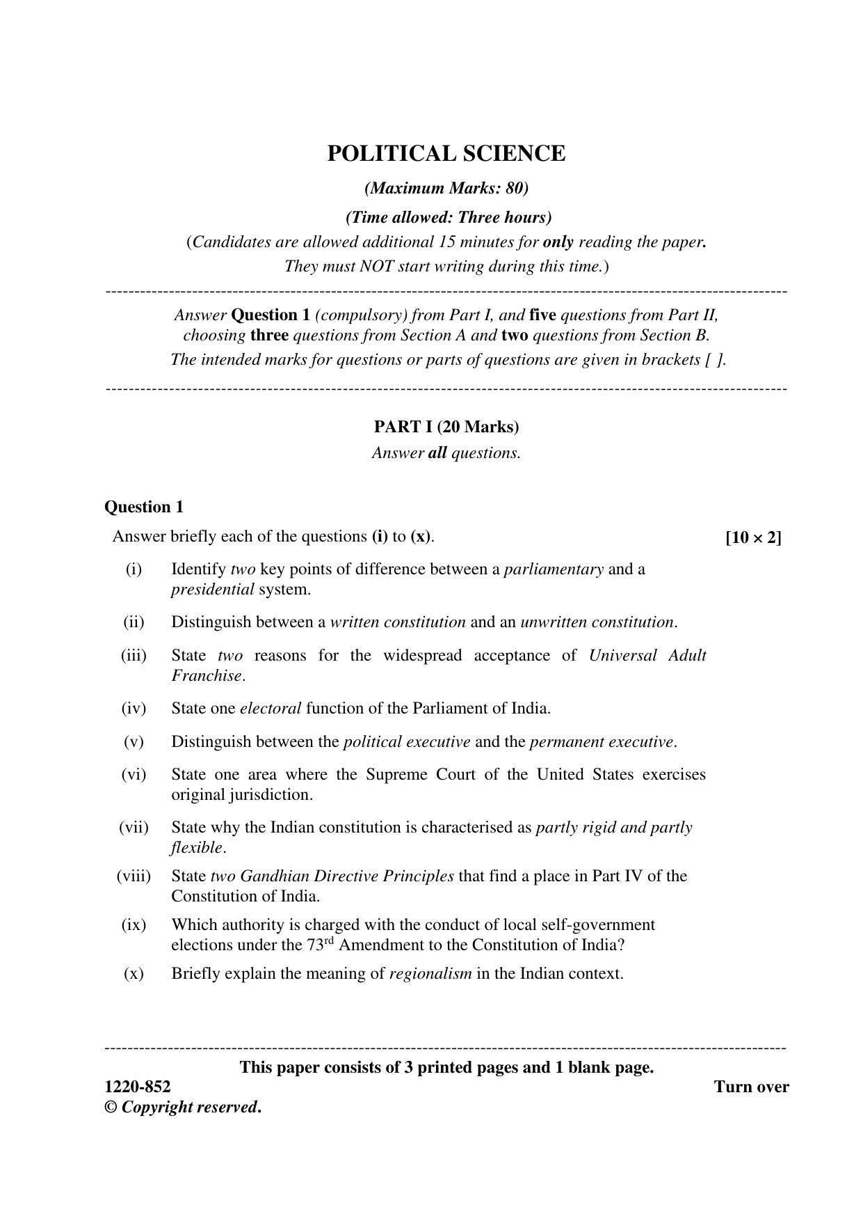 ISC Class 12 2020 Political Science Question Paper - Page 1