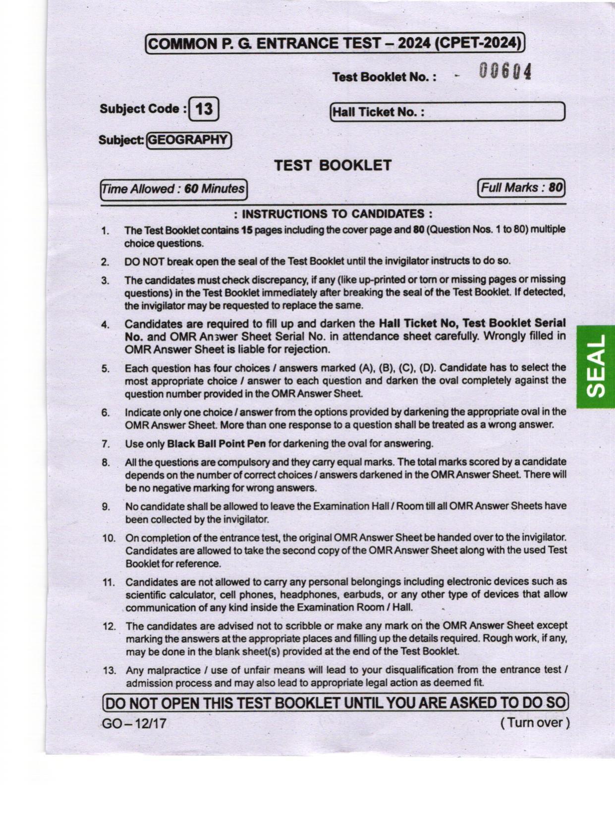 Odisha CPET 2024 GEOGRAPHY Question Paper - Page 1