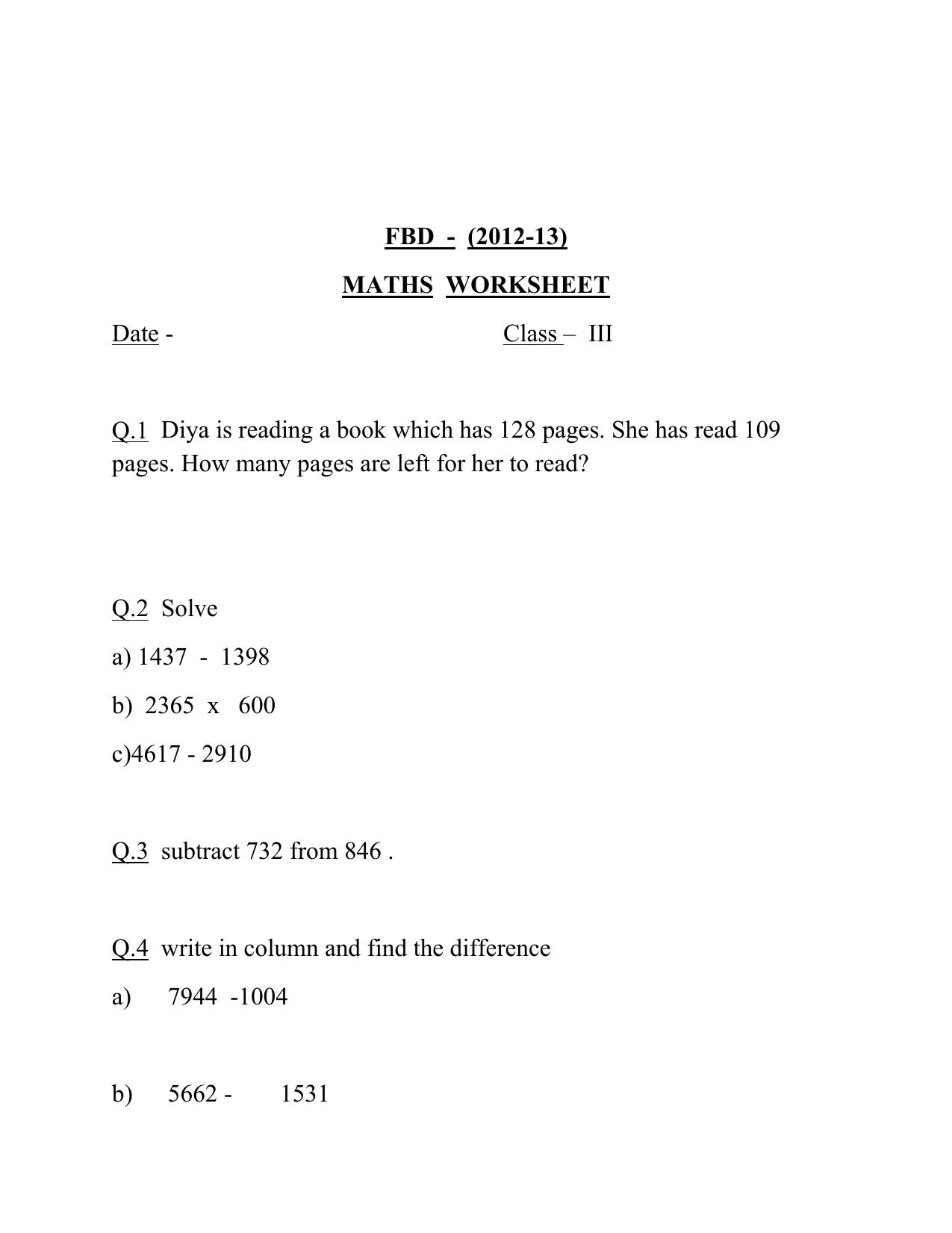 Worksheet for Class 3 Mathematics Assignment 91 - Page 1