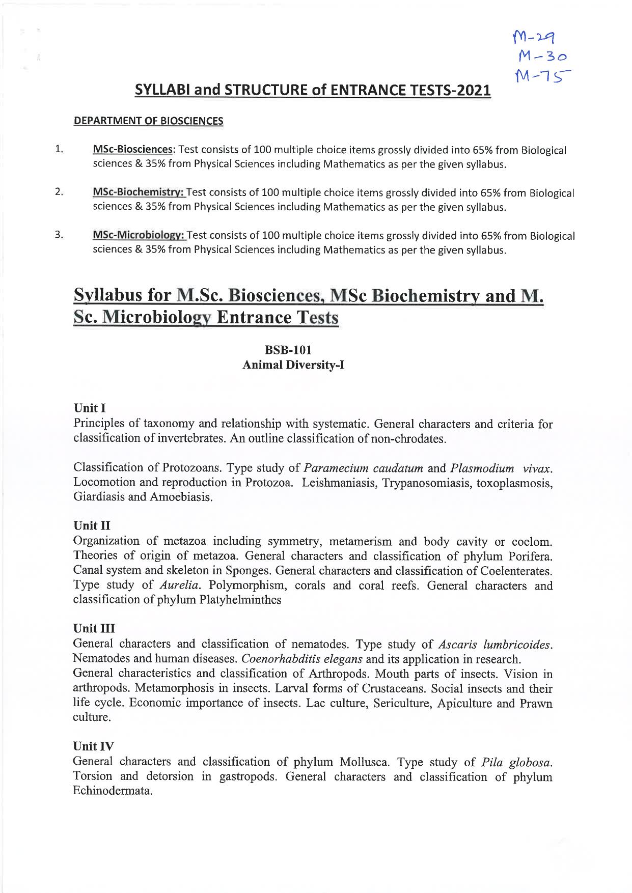JMI Entrance Exam M30-M.Sc. (Biochemistry) (Self-Financed) Syllabus - Page 1