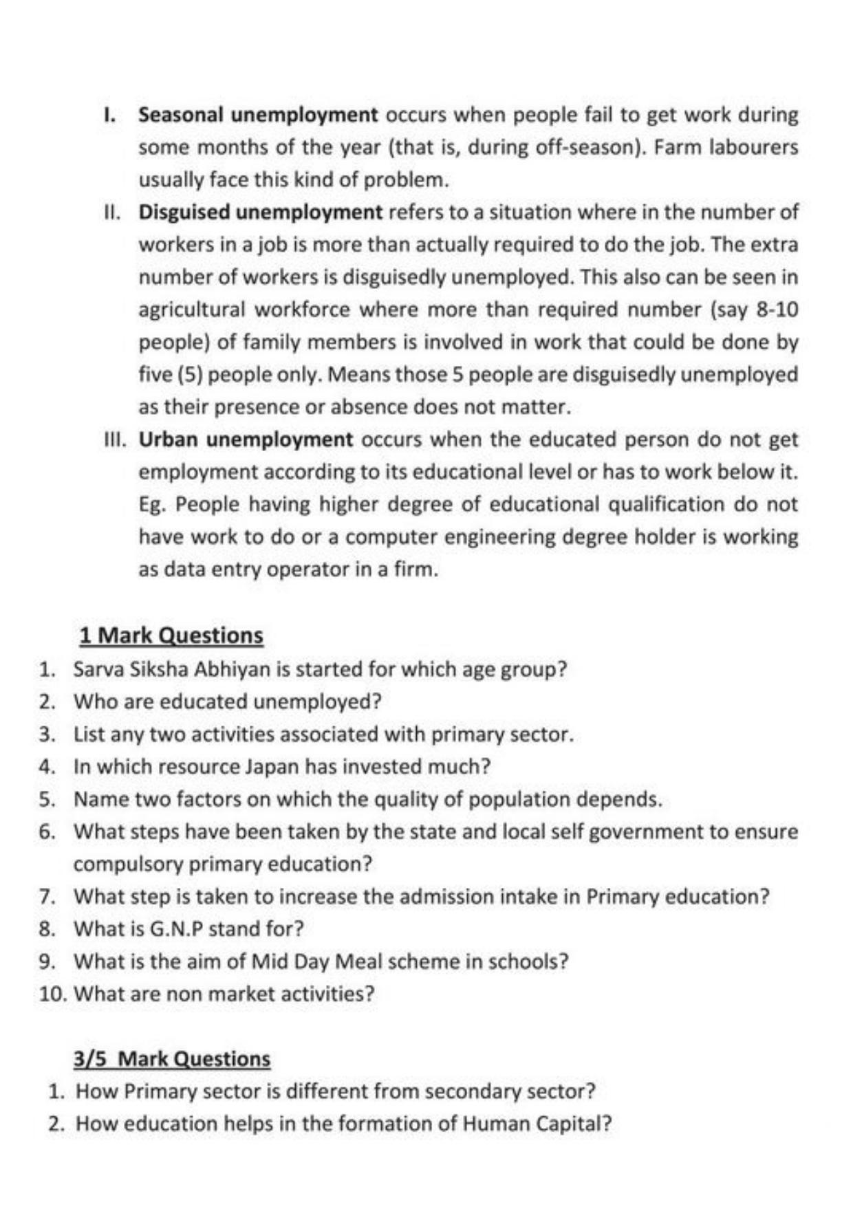 Class 9 Notes, Question & Practice Paper - Economics (Topic 2 : People as Resource) - Page 5