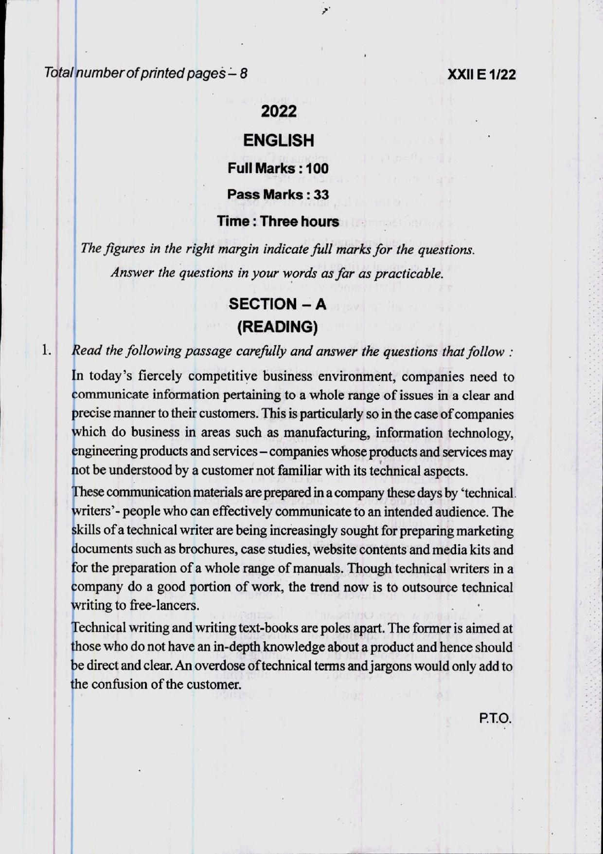 COHSEM 12th Question Papers 2022 English - Page 1
