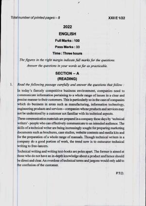COHSEM 12th Question Papers 2022 English