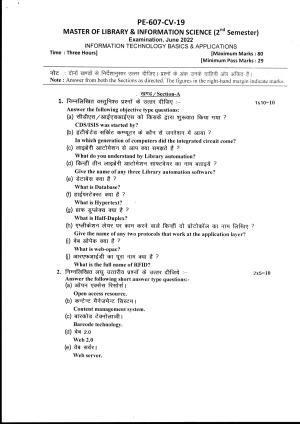 Bilaspur University Question Paper June 2022:Master Of Library & Information Science (Second Semester) Information Technology Basics & Applications Paper 1