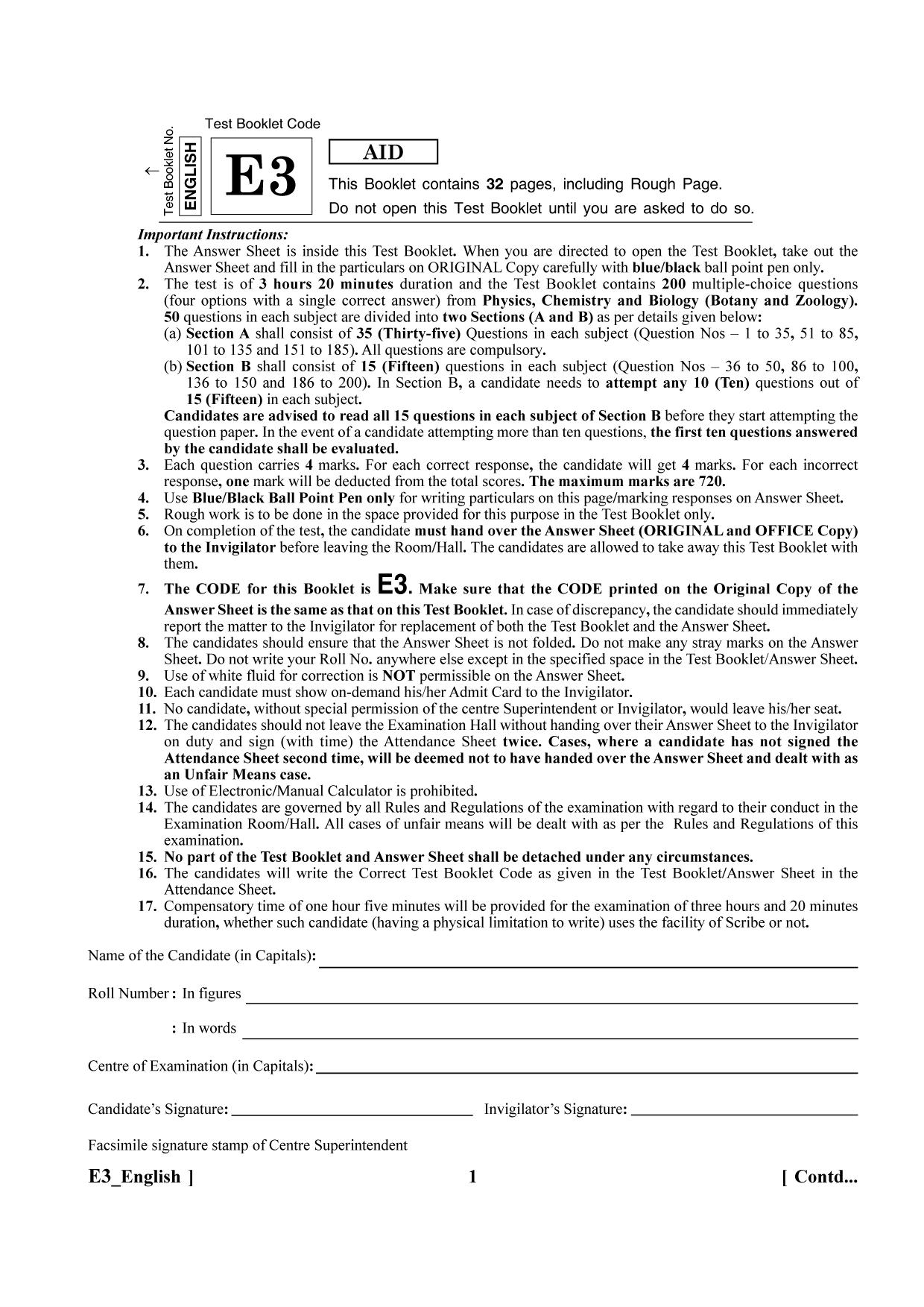 NEET 2023 H5 Official Answer Key - Page 1