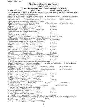Hemchand North Gujarat University Sample Paper Mar-Jun  2021: M.A. Sem – 3  English- CC-302 - Colonial and Post Colonial Studies: Texts  (Theory) Paper Code – 3943 (Old Course)