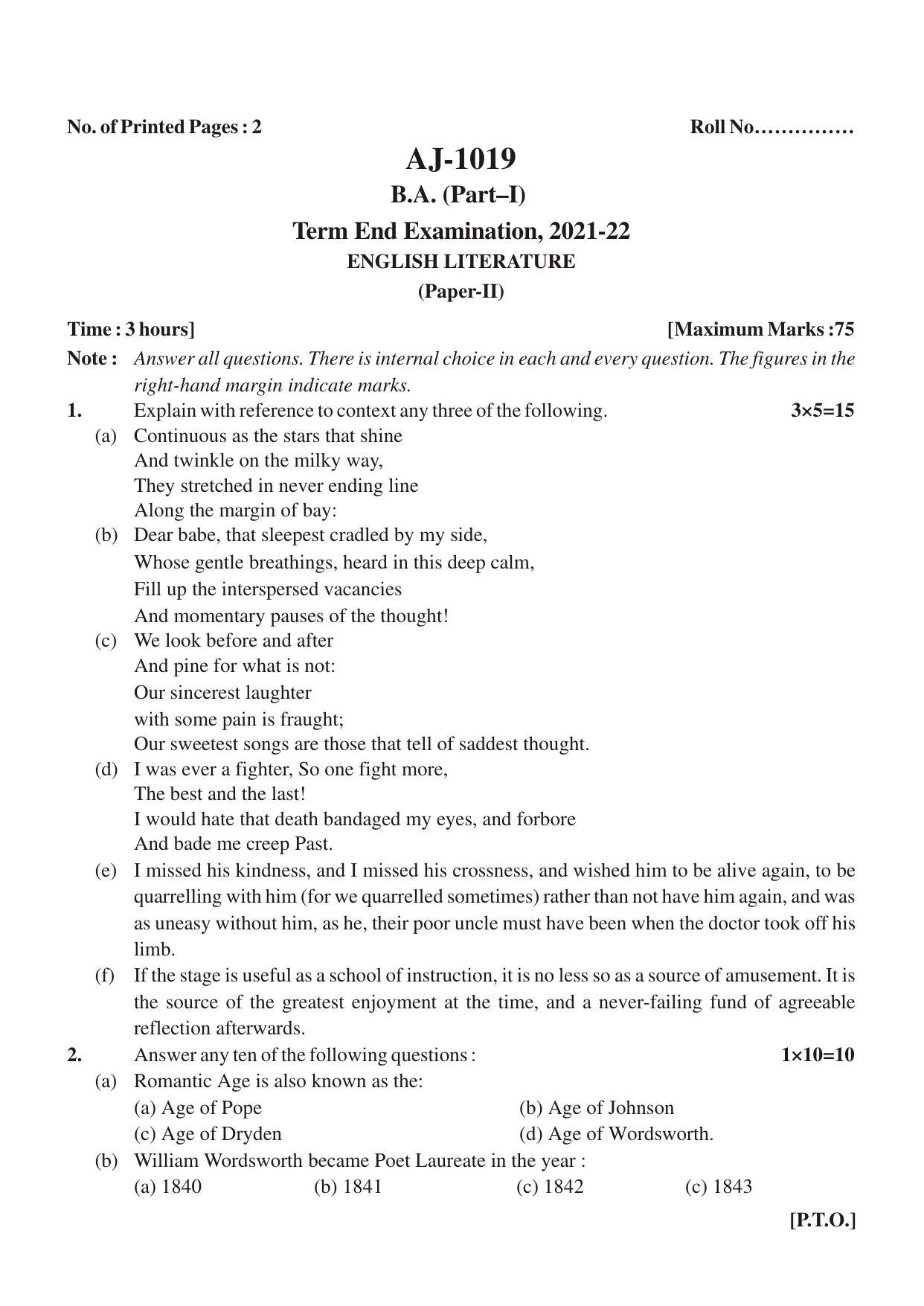 Bilaspur University Question Paper 2021-2022:B.A. Part-I (One) (Regular) English Literature Paper 2 - Page 1
