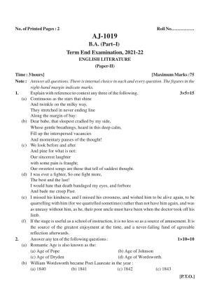 Bilaspur University Question Paper 2021-2022:B.A. Part-I (One) (Regular) English Literature Paper 2