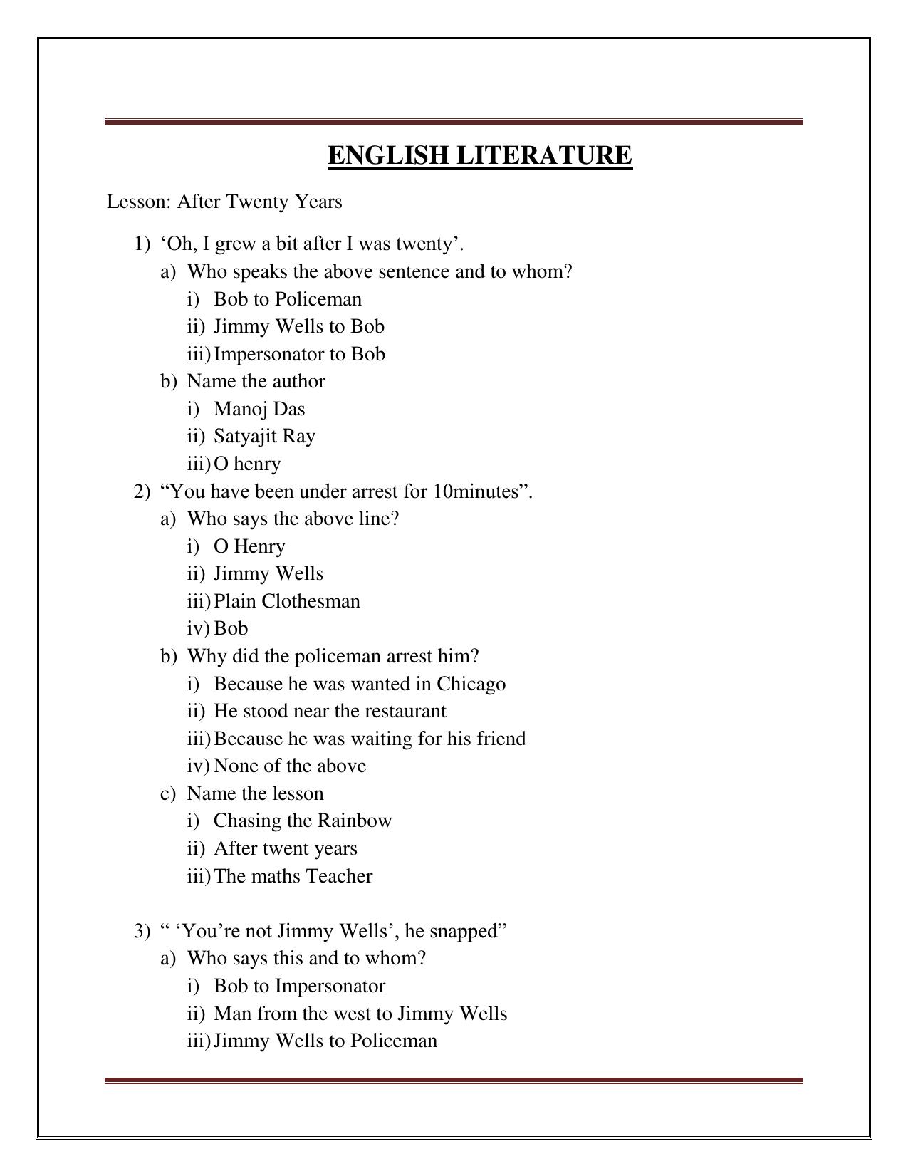 CBSE Class 8 English Worksheet on Literature Part A Assignment - Page 1