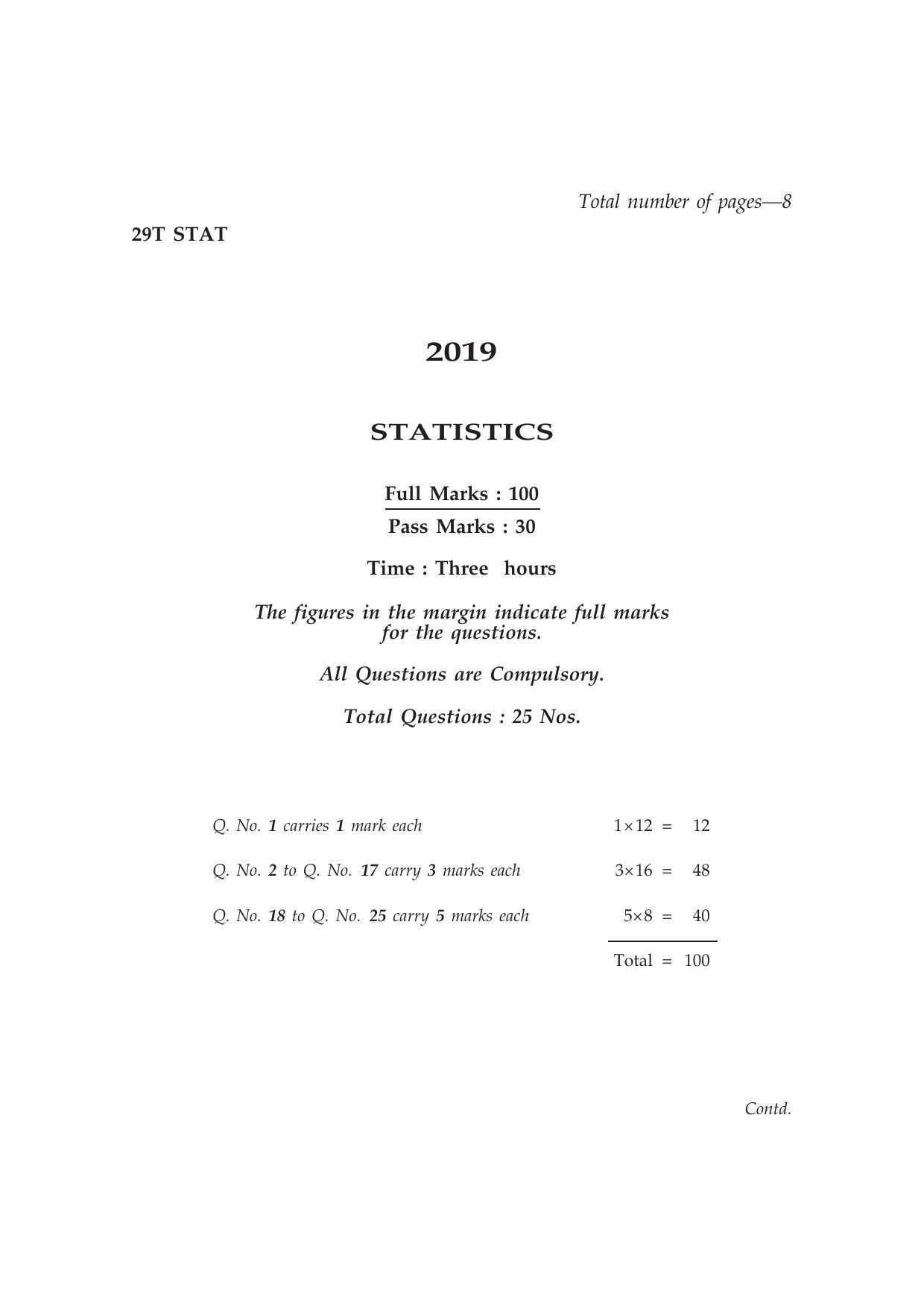 Assam HS 2nd Year Statistics 2019 Question Paper - Page 1