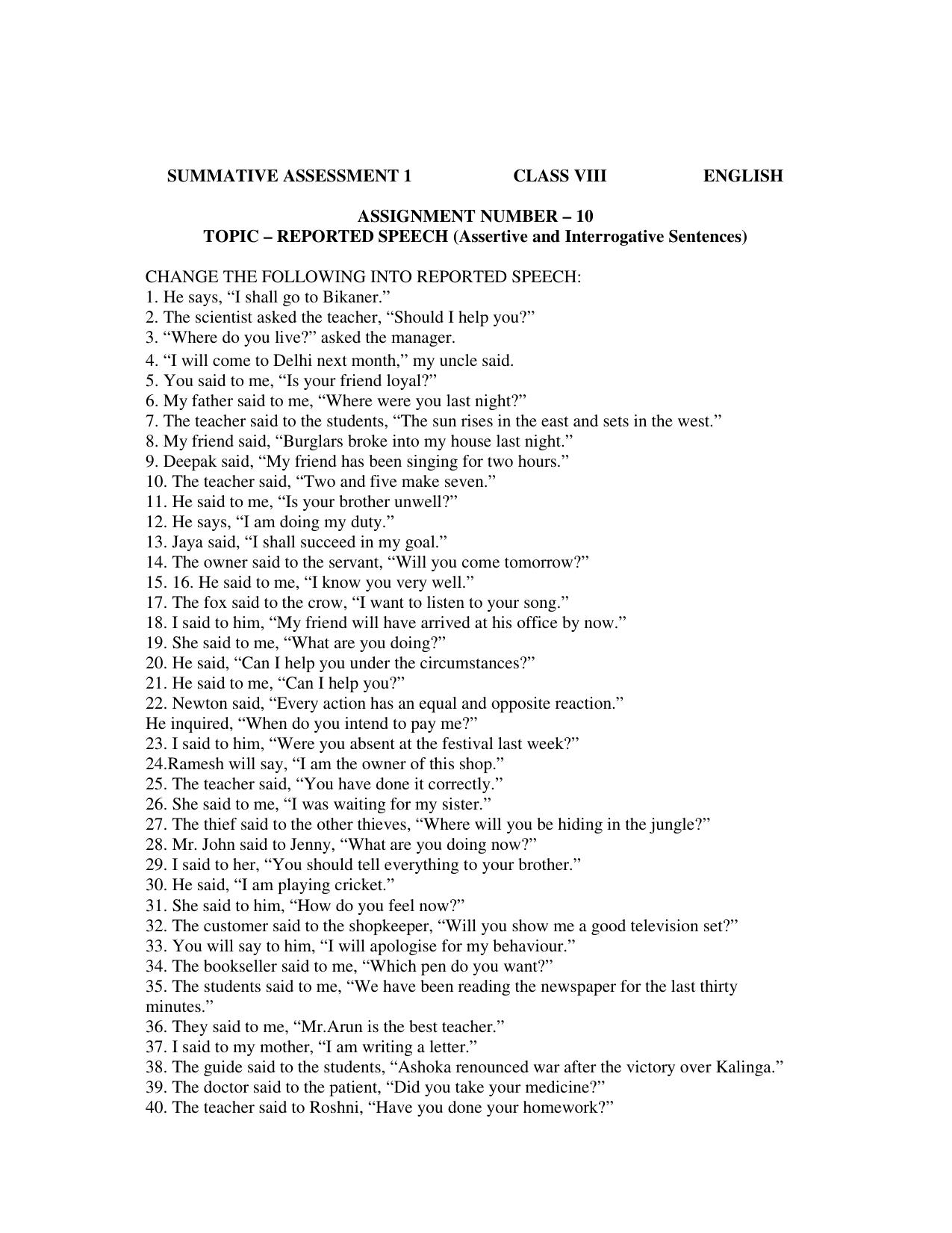 CBSE Worksheets for Class 8 English Assignment 54 - Page 1