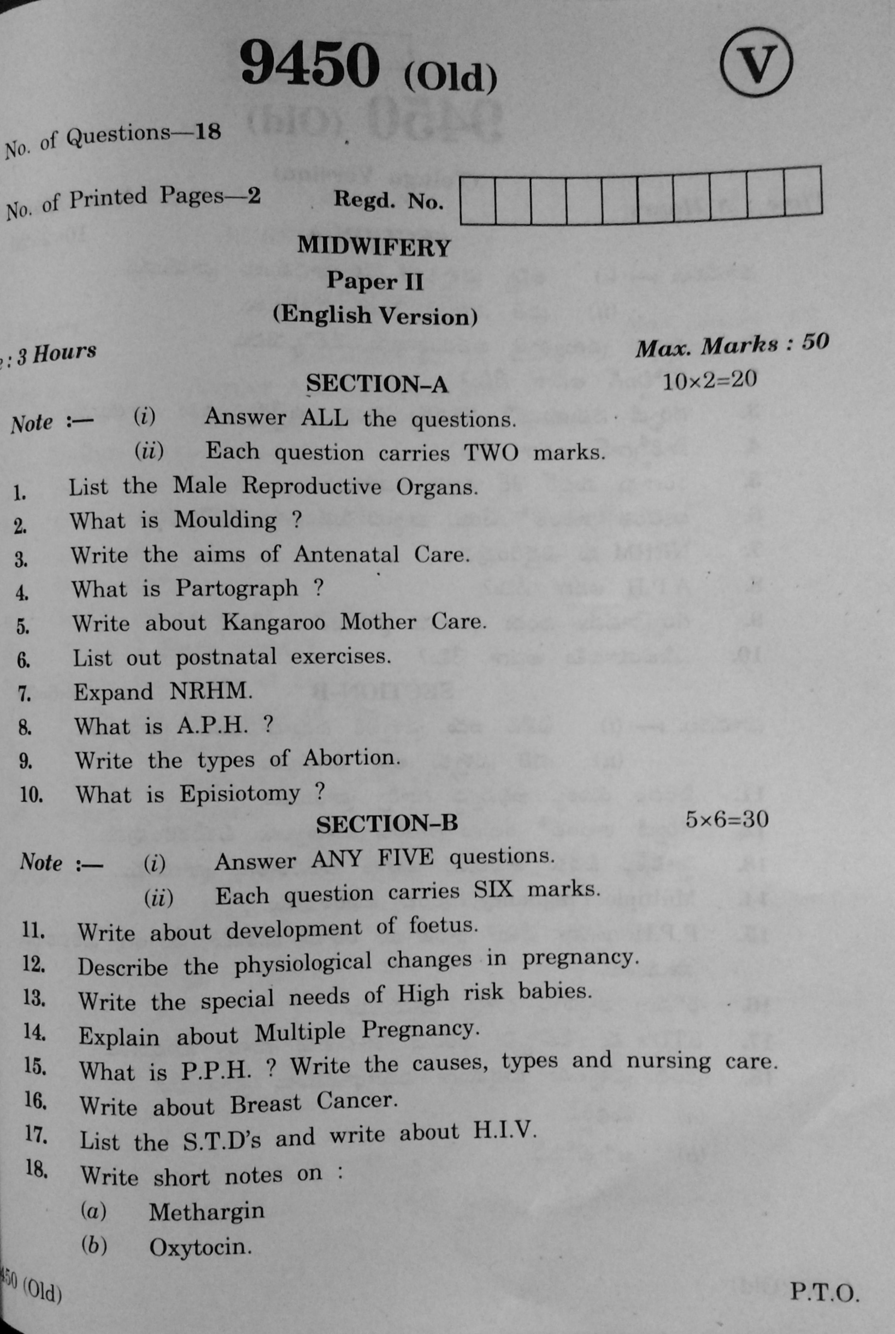 AP Inter 2nd Year Vocational Question Paper March - 2020 - Midwifery - II (old) - Page 1