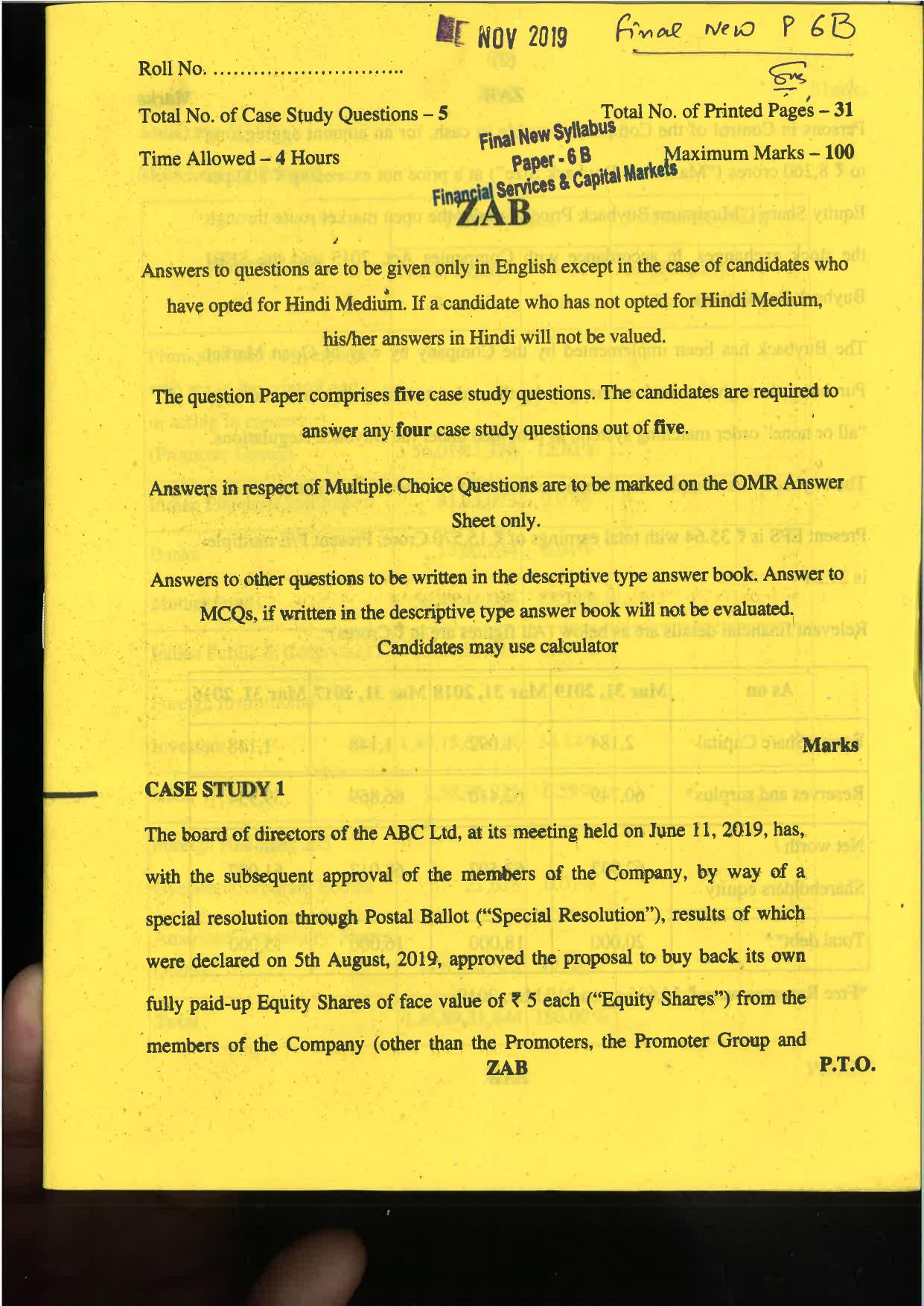 CA Final Nov 2019 Question Paper -Paper 6B – Financial Services and Capital Markets - Page 1