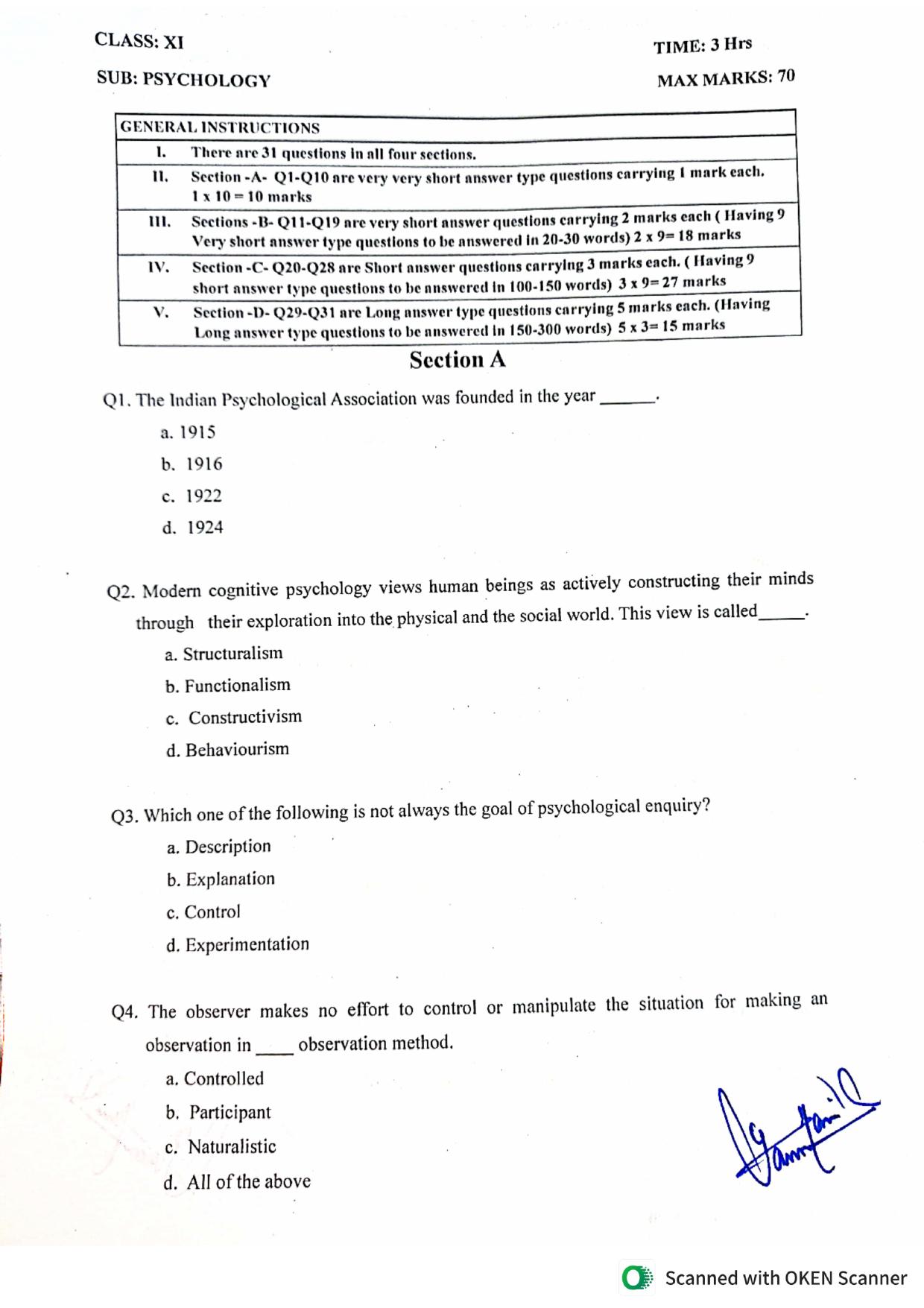 JKBOSE Class 11 Psychology Model Question Paper - Page 1