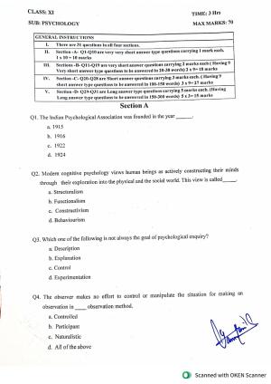 JKBOSE Class 11 Psychology Model Question Paper