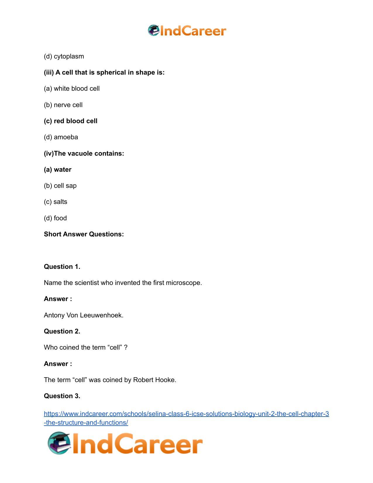 Selina Class 6 ICSE Solutions Biology (Unit 2) - The Cell: Chapter 3- The Structure and Functions - Page 3