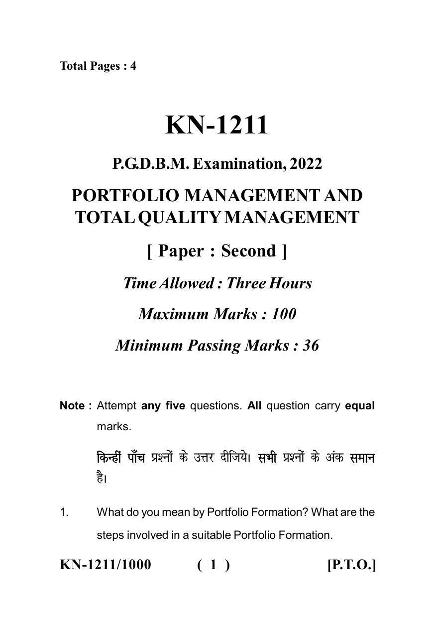 Sarguja University Question Paper - 2022 : P.G. Diploma in Business Management Portfolio Management And Total Quality Management Paper I - Page 1