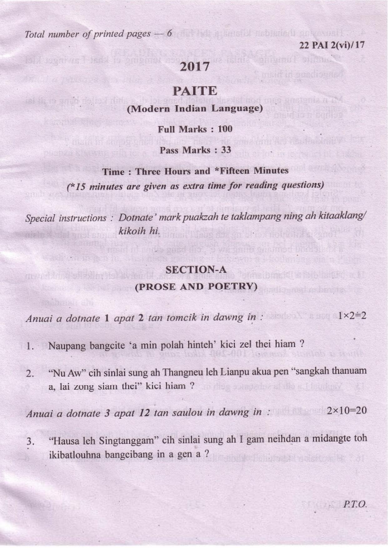COHSEM Class 12 Paite (M.I.L.) 2017 Question Papers - Page 1