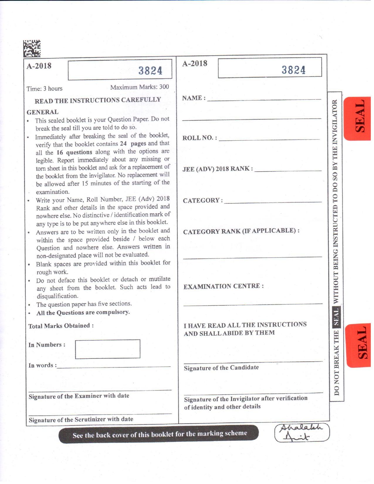 JEE Advanced AAT 2018 Question Paper - Page 1