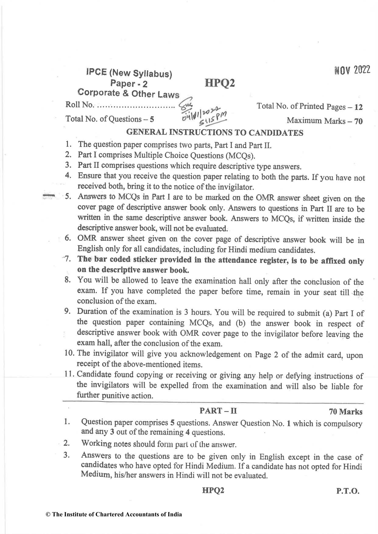 CA Inter Nov 2022 Question Paper - Paper 2 – Corporate and Other Laws - Page 1