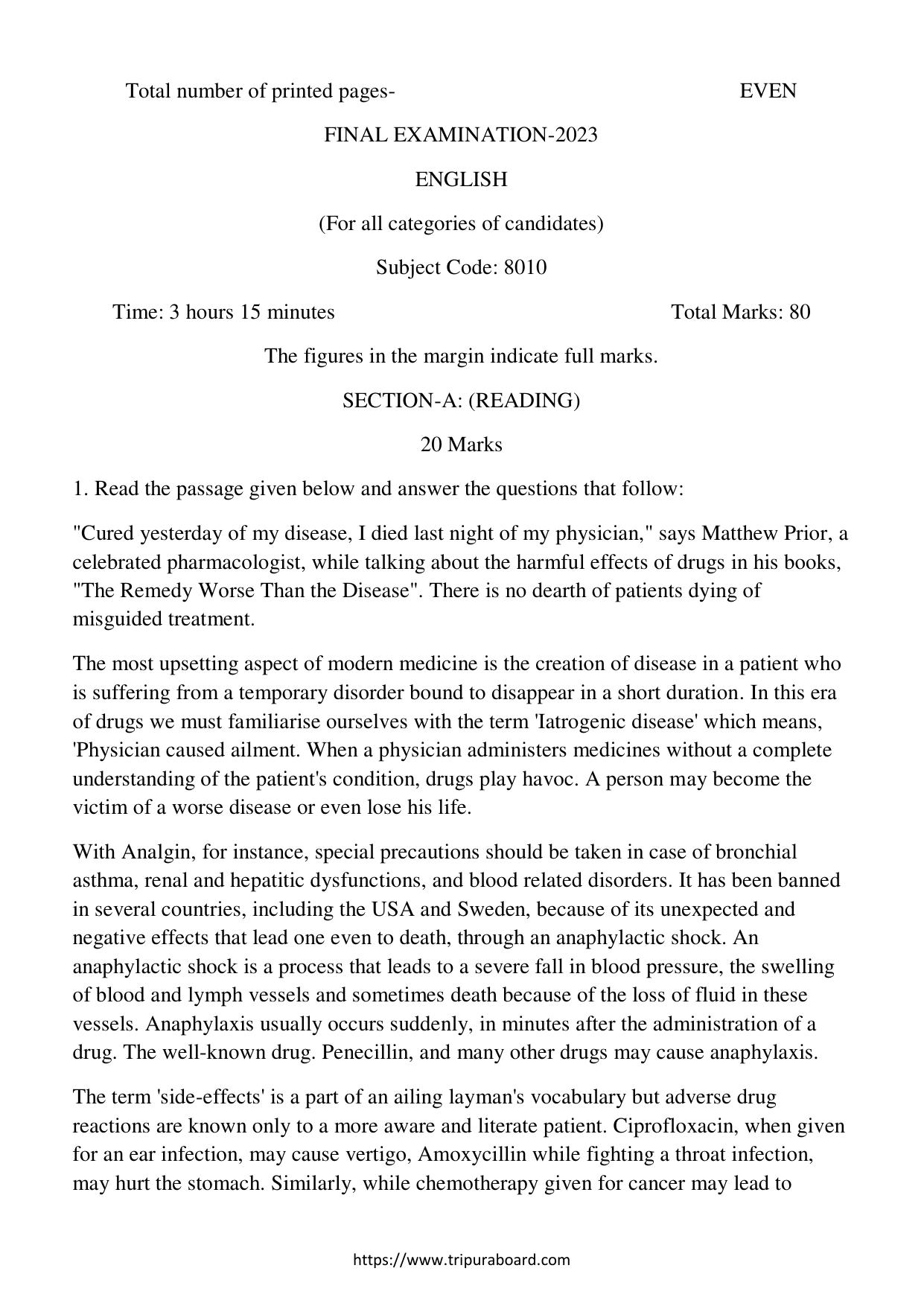 TBSE Class 12 English Question Paper 2023 - Page 1