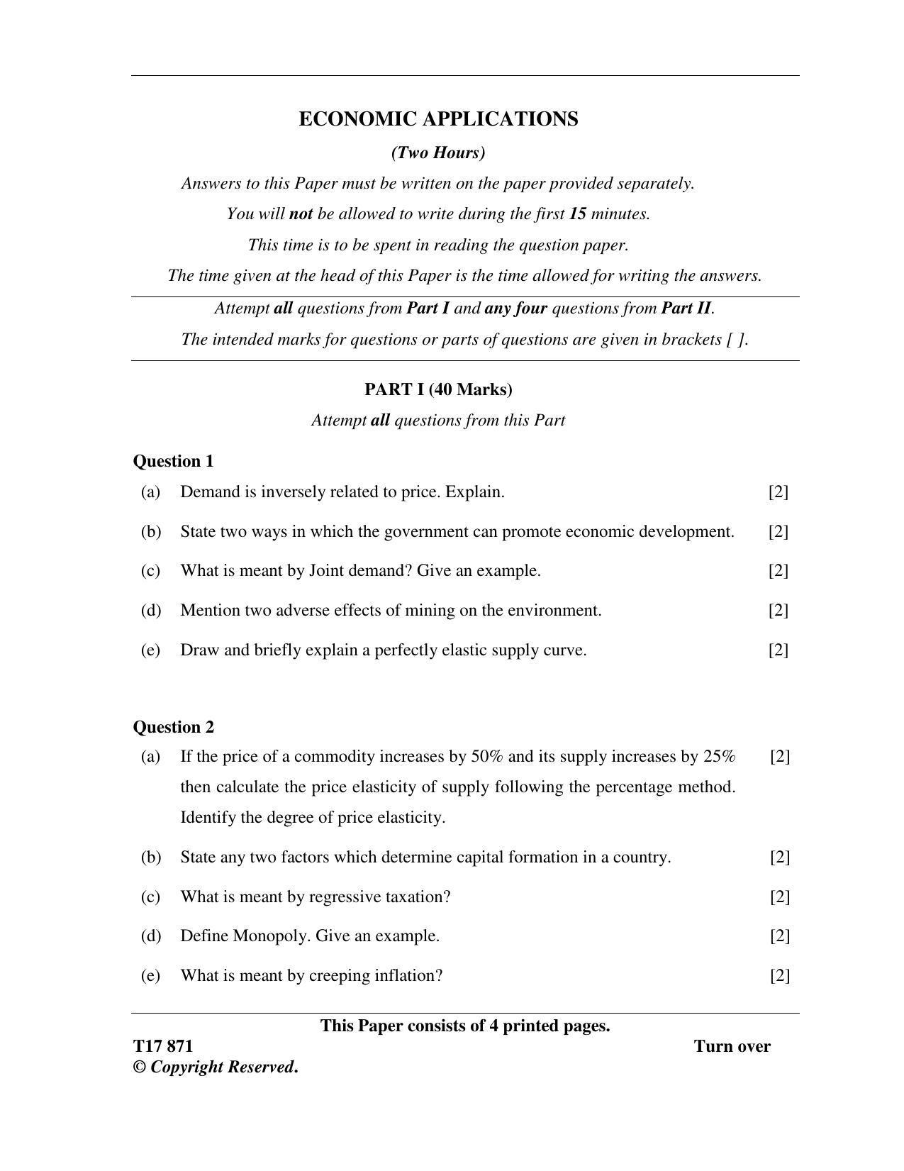 ICSE Class 10 ECONOMIC APPLICATIONS 2017 Question Paper - Page 1