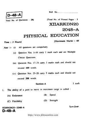 JKBOSE Class 12 Physical-Education 2048-A Question Papers 2020