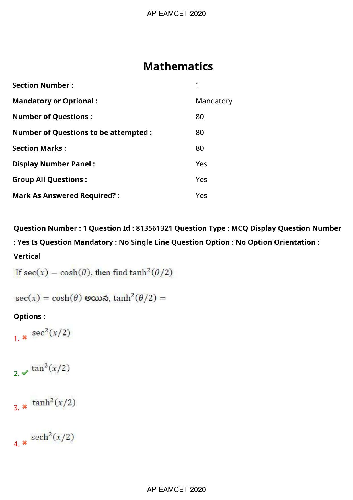 AP EAPCET 2020 - September 18, 2020- Shift 1 - Master Engineering Question Paper With Preliminary Keys - Page 2