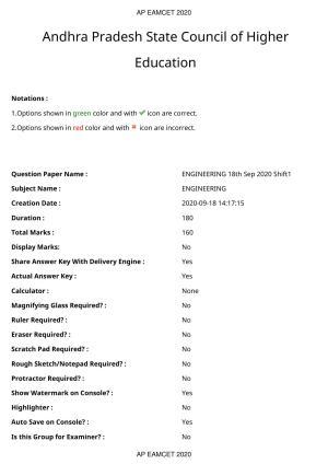 AP EAPCET 2020 - September 18, 2020- Shift 1 - Master Engineering Question Paper With Preliminary Keys